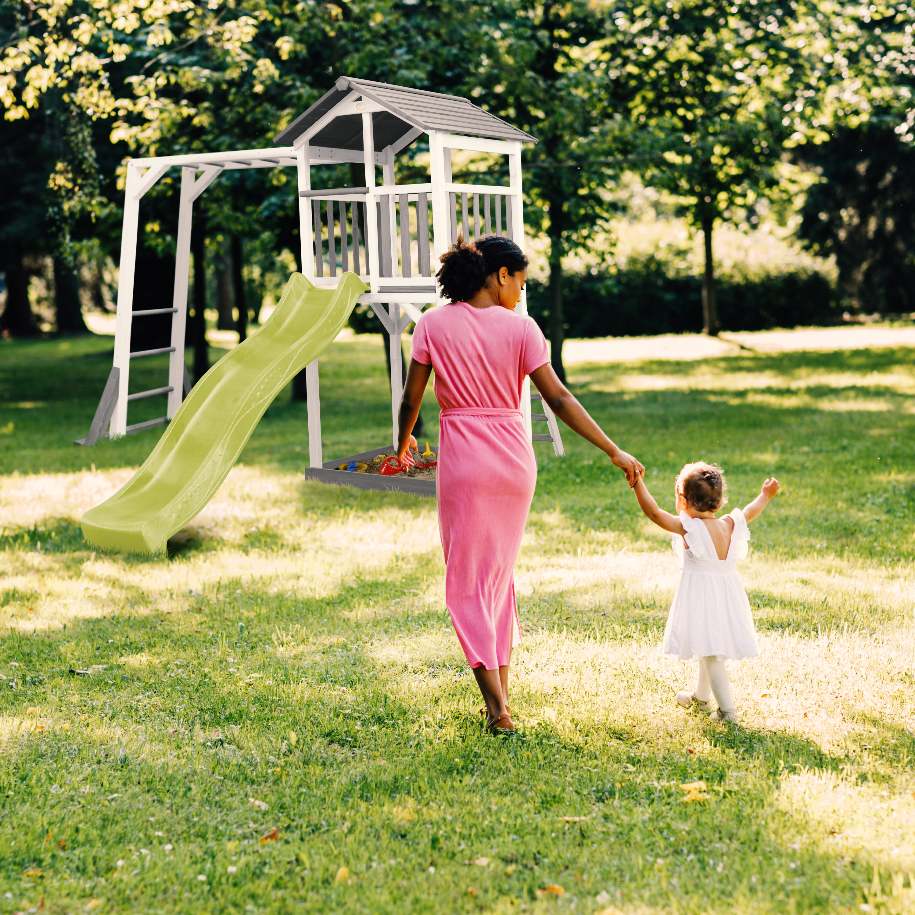 AXI Beach Tower with Climbing Frame Grey/White - Lime Green Slide
