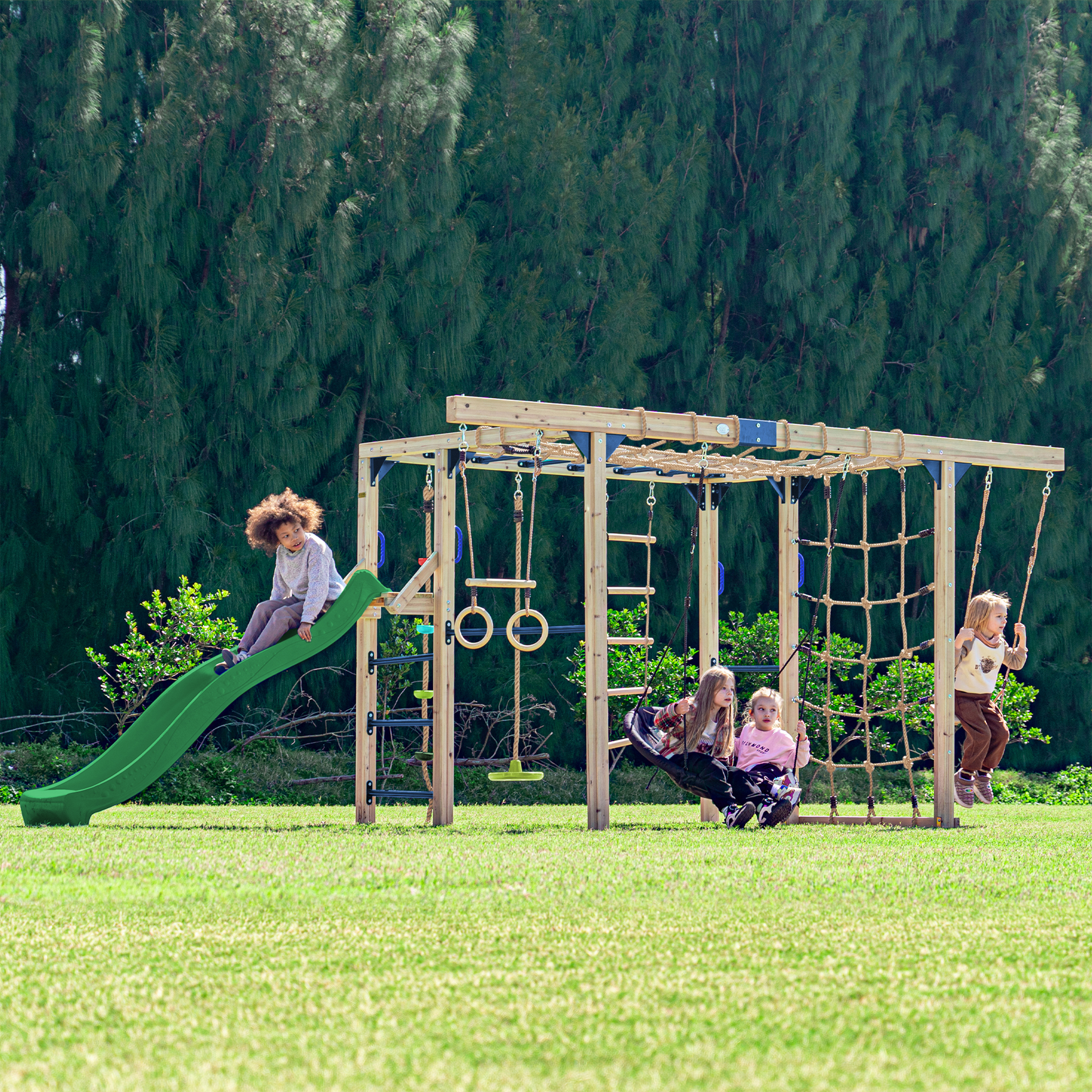 AXI Boris Wooden Playcentre with Swings. Trapeze. Climbing Nets and Monkey Bars – Green Slide