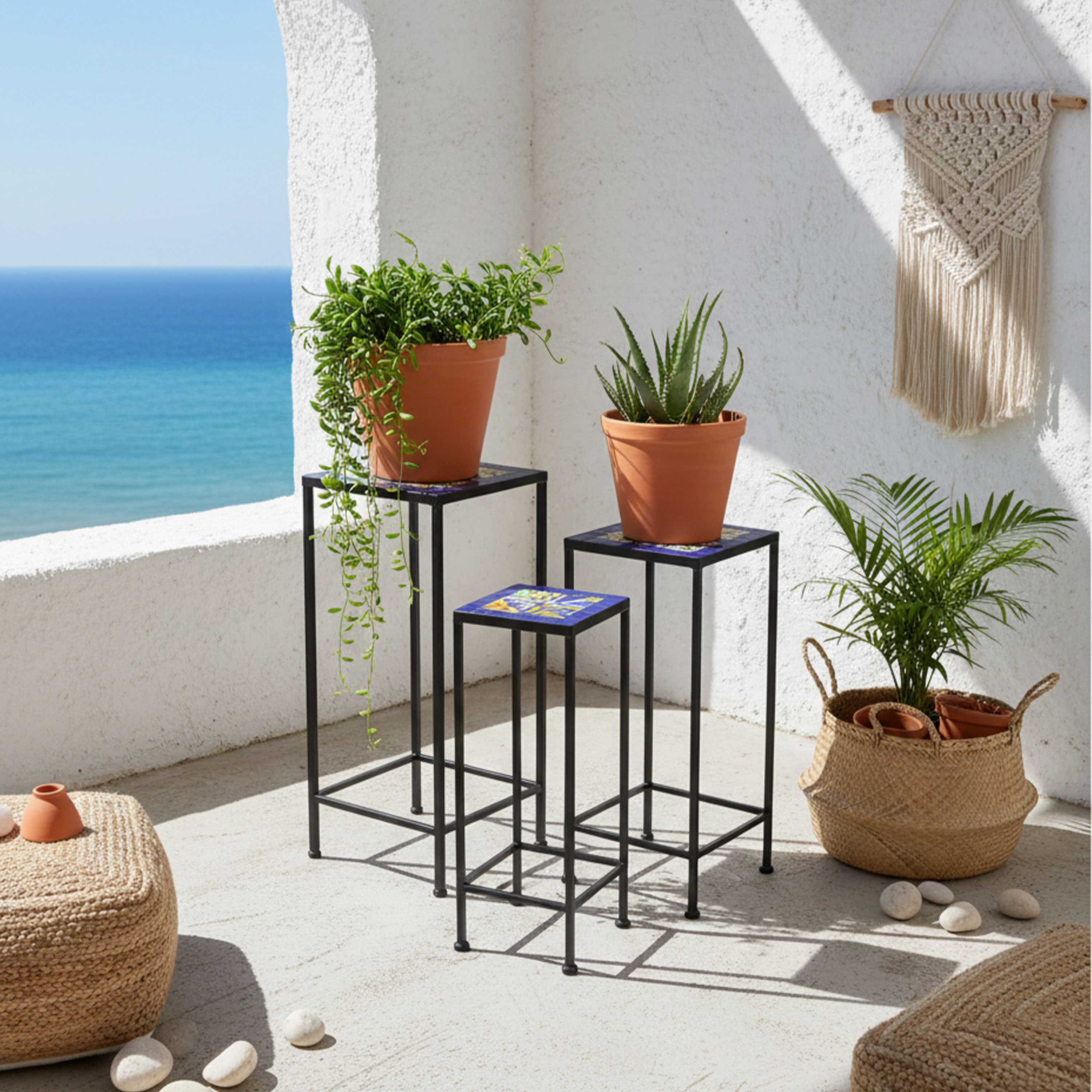 AXI Eline Mosaic Plant Table Square Mediterranean Style – Blue/Yellow – Set of 3