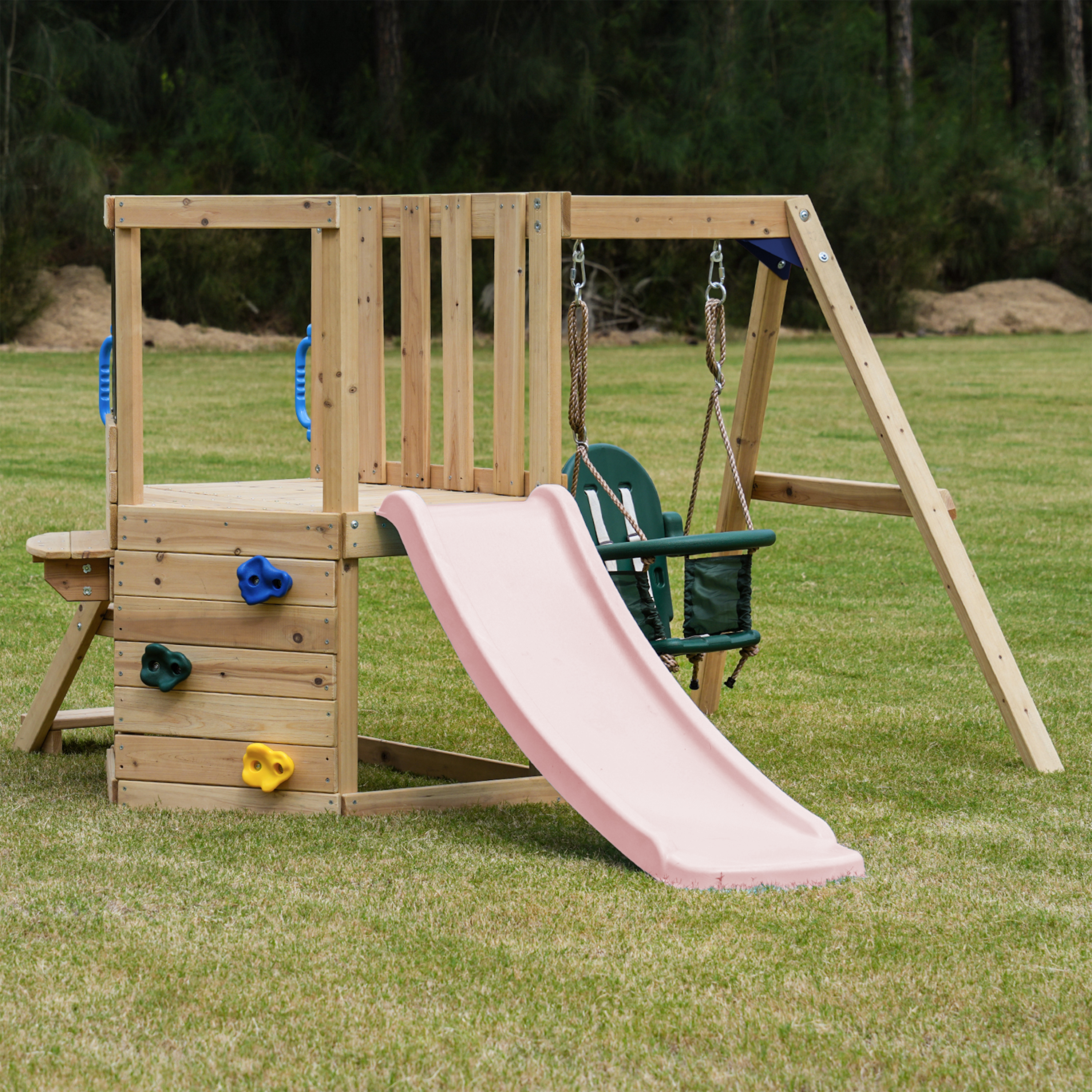 AXI Timo Mini Climbing Frame with Baby Swing. Climbing Wall and Chalkboard – Pastel Pink Slide