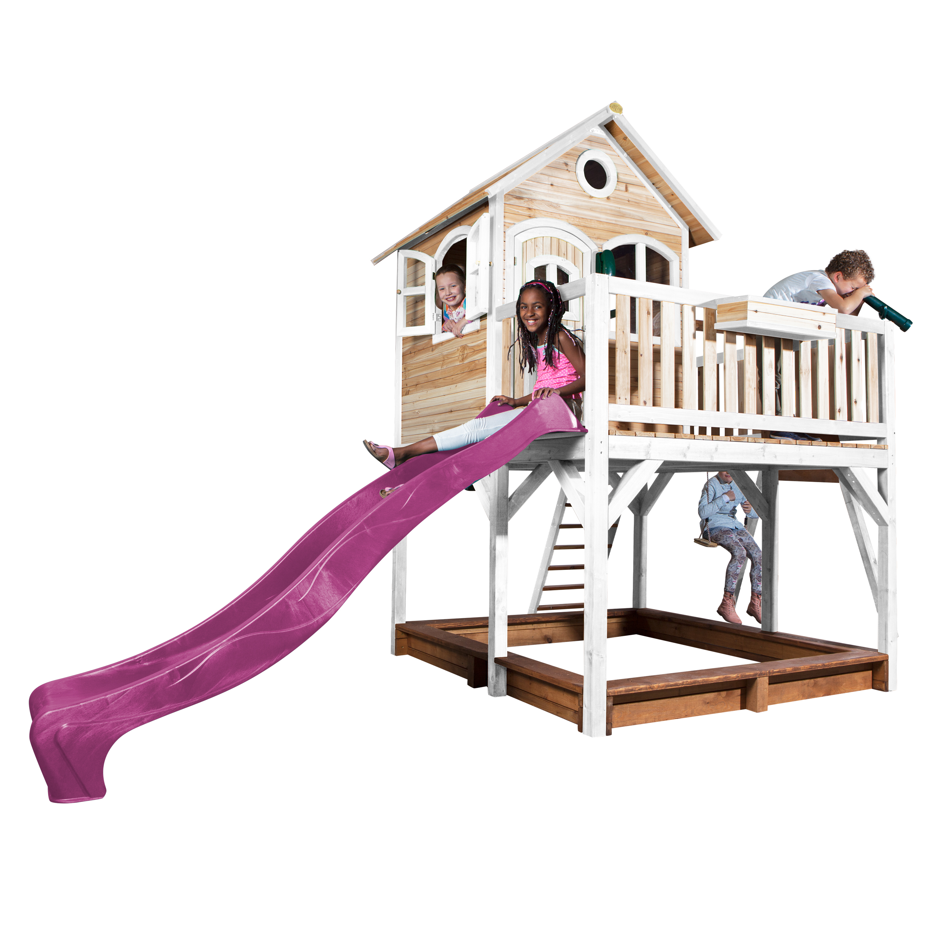 AXI Liam Playhouse with Single Swing Set Brown/White - Purple Slide