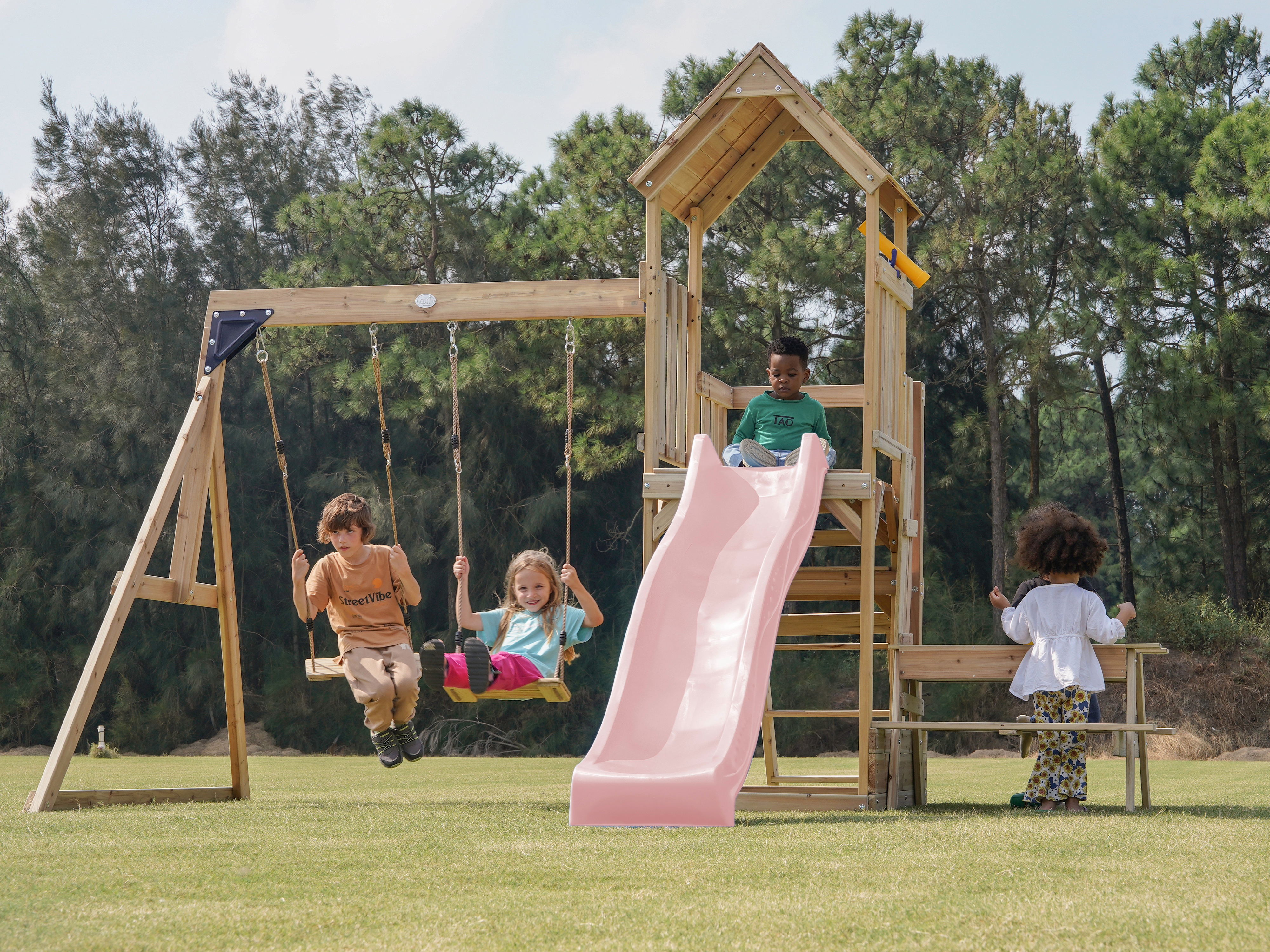AXI Mette Climbing Frame with Double Swing Set and Picnic Table - Pastel Pink Slide