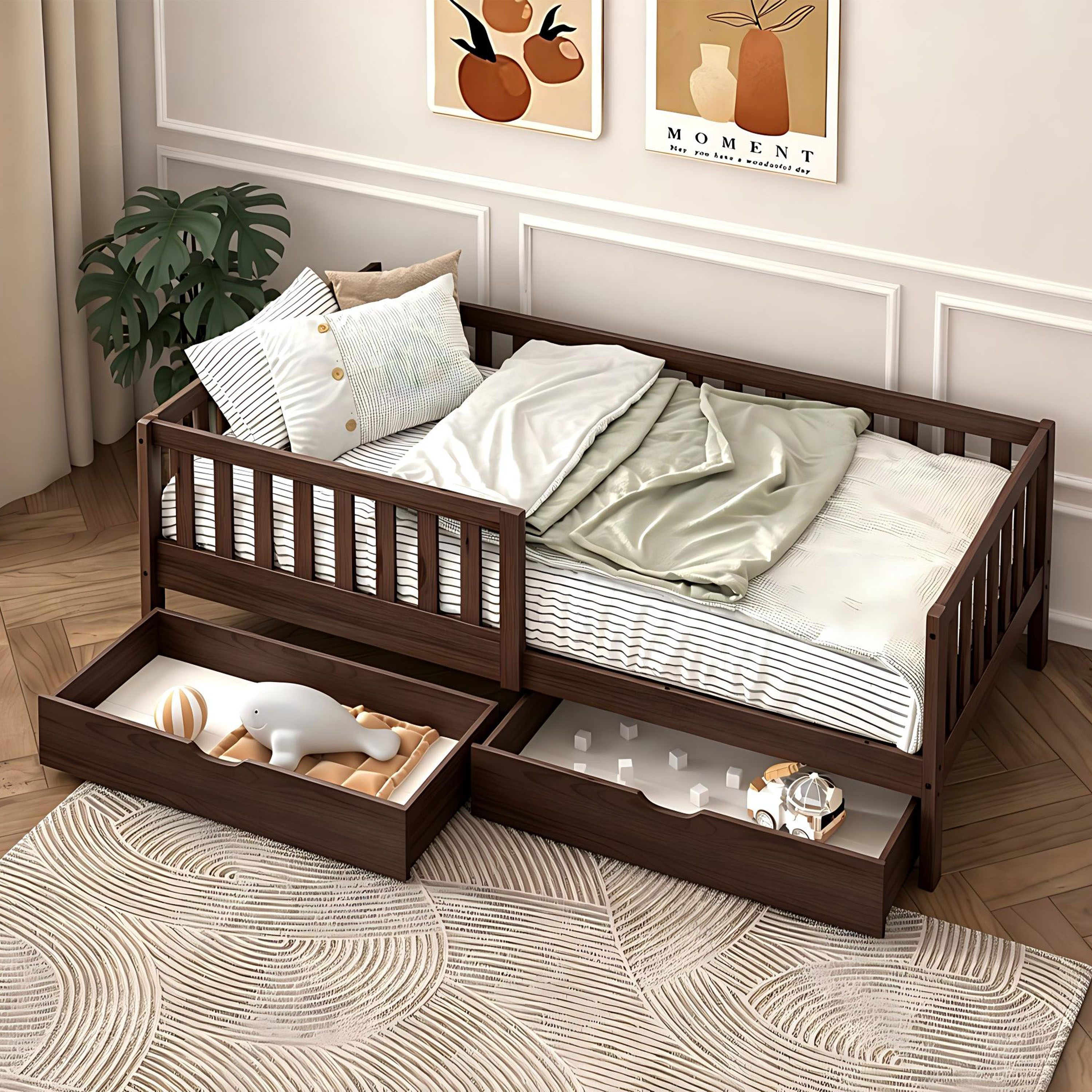 Sunny Isa Kids Bed with 2 Storage Drawers and Guardrail Brown – Without Mattress
