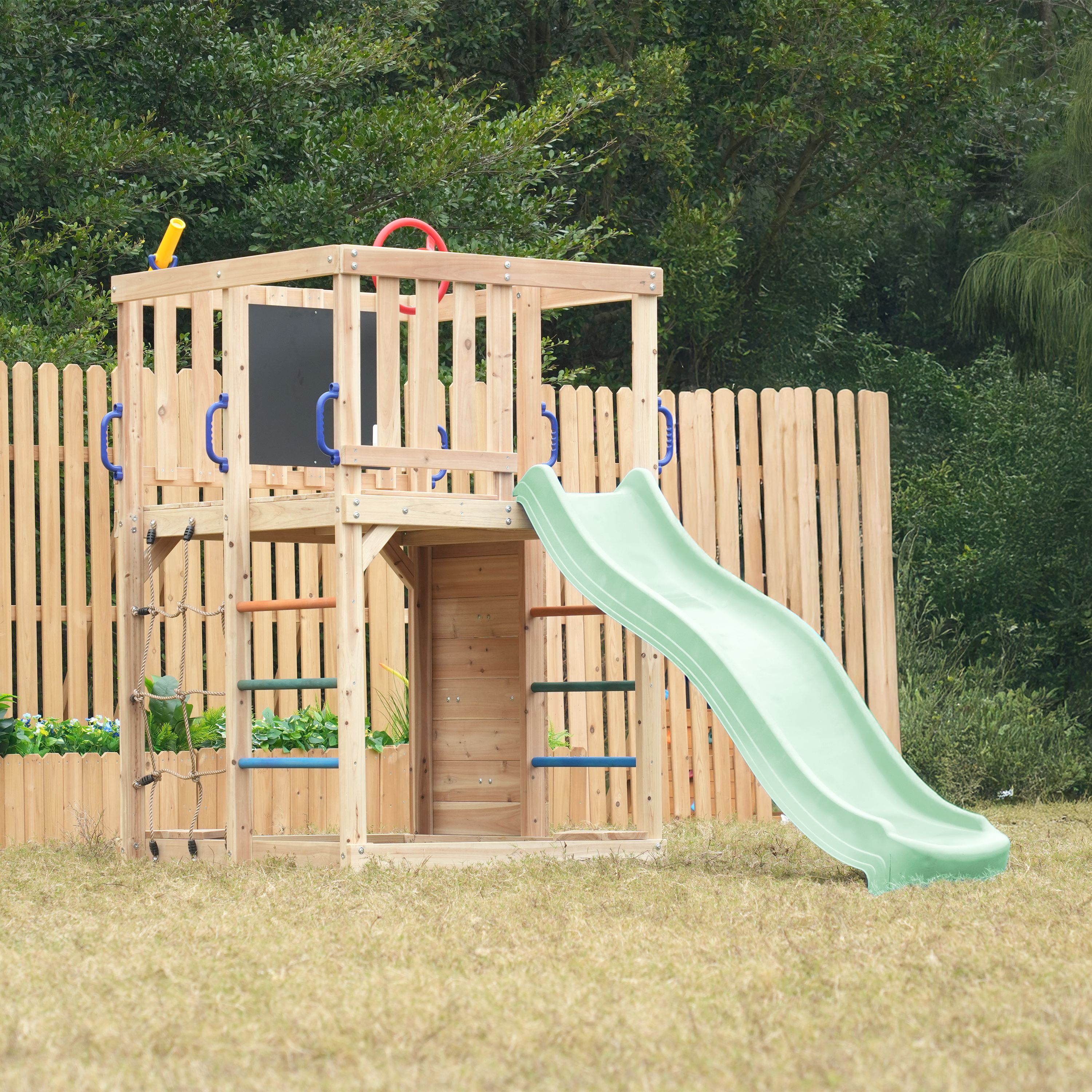 AXI Sam Climbing Frame with Climbing Wall, Climbing Net and Monkey Bars – Pastel Green Slide