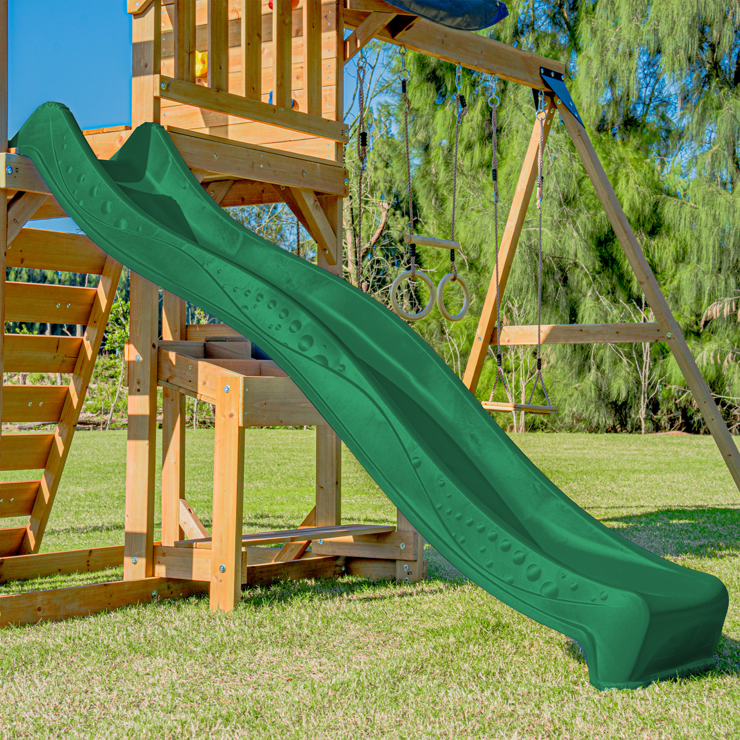 AXI Mitch Climbing Frame with Double Swing, Trapeze and Lookout Tower – Green Slide