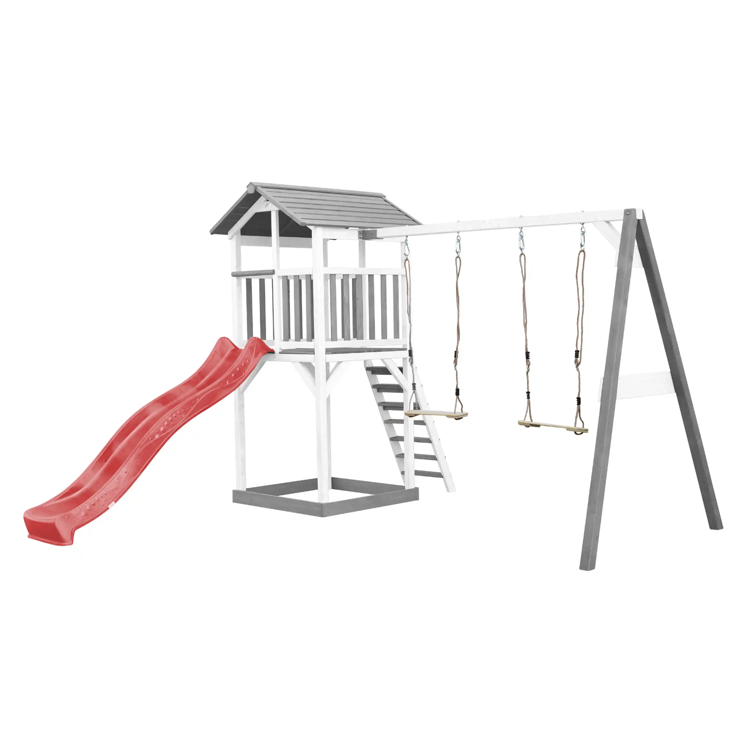 AXI Beach Tower Speeltoren met Dubbele Schommel Grijs/wit - Rode Glijbaan