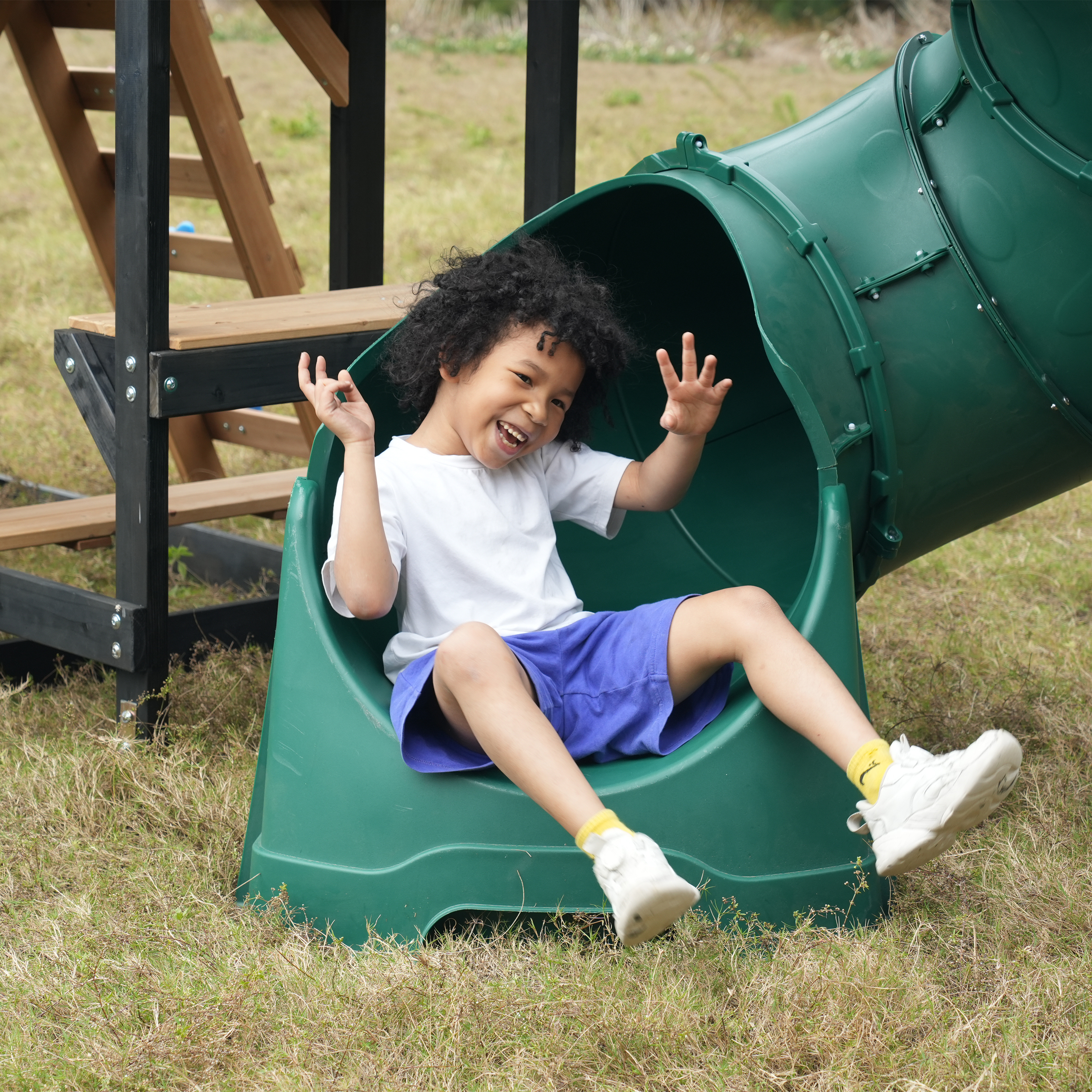 AXI Cody Climbing Frame with Swings. Trapeze and Climbing Wall – Blue Double Slide and Tube Slide