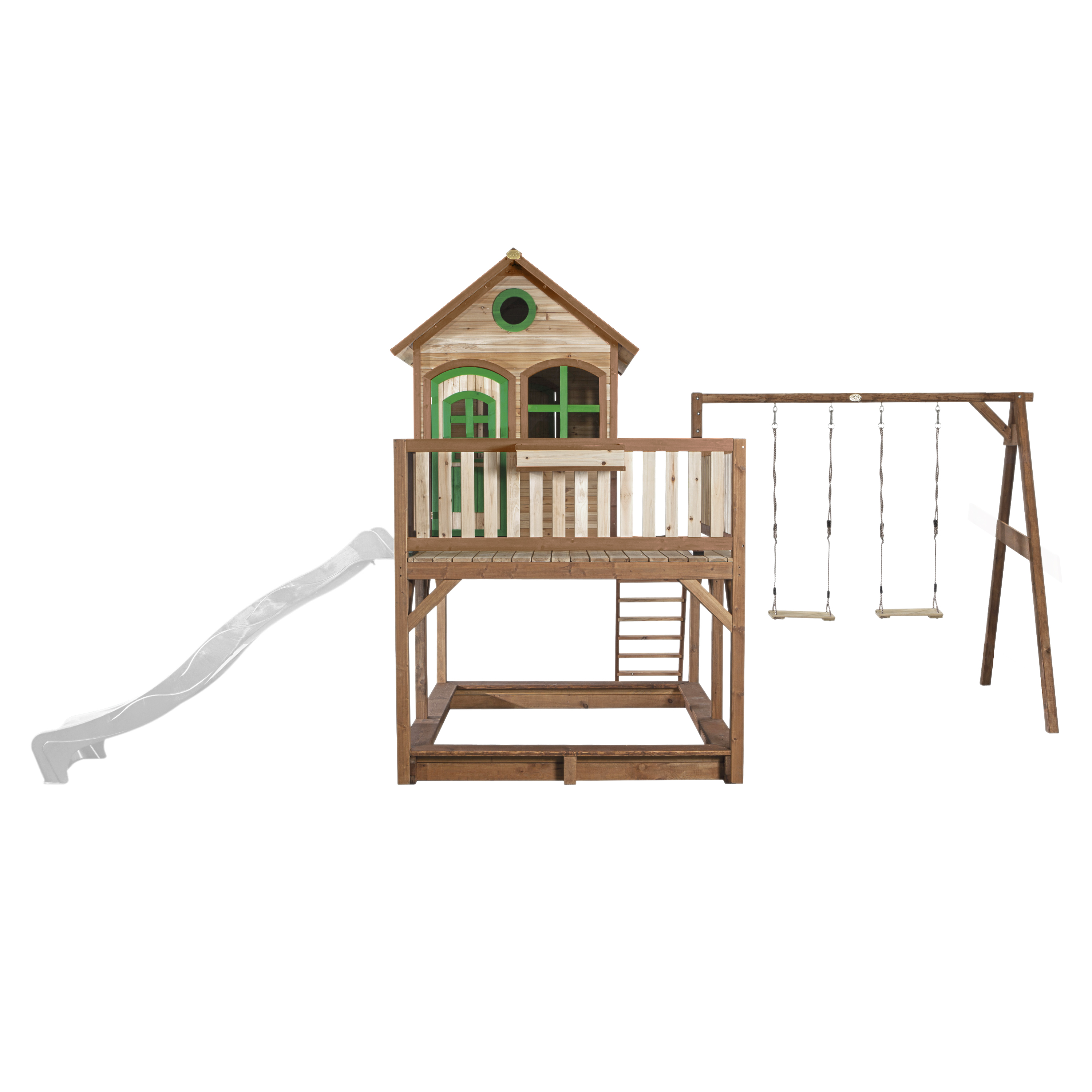 AXI Liam Playhouse with Double Swing Set Brown/Green - White Slide-8717973937838 AXI Liam Playhouse with Double Swing Set Brown/Green - White Slide