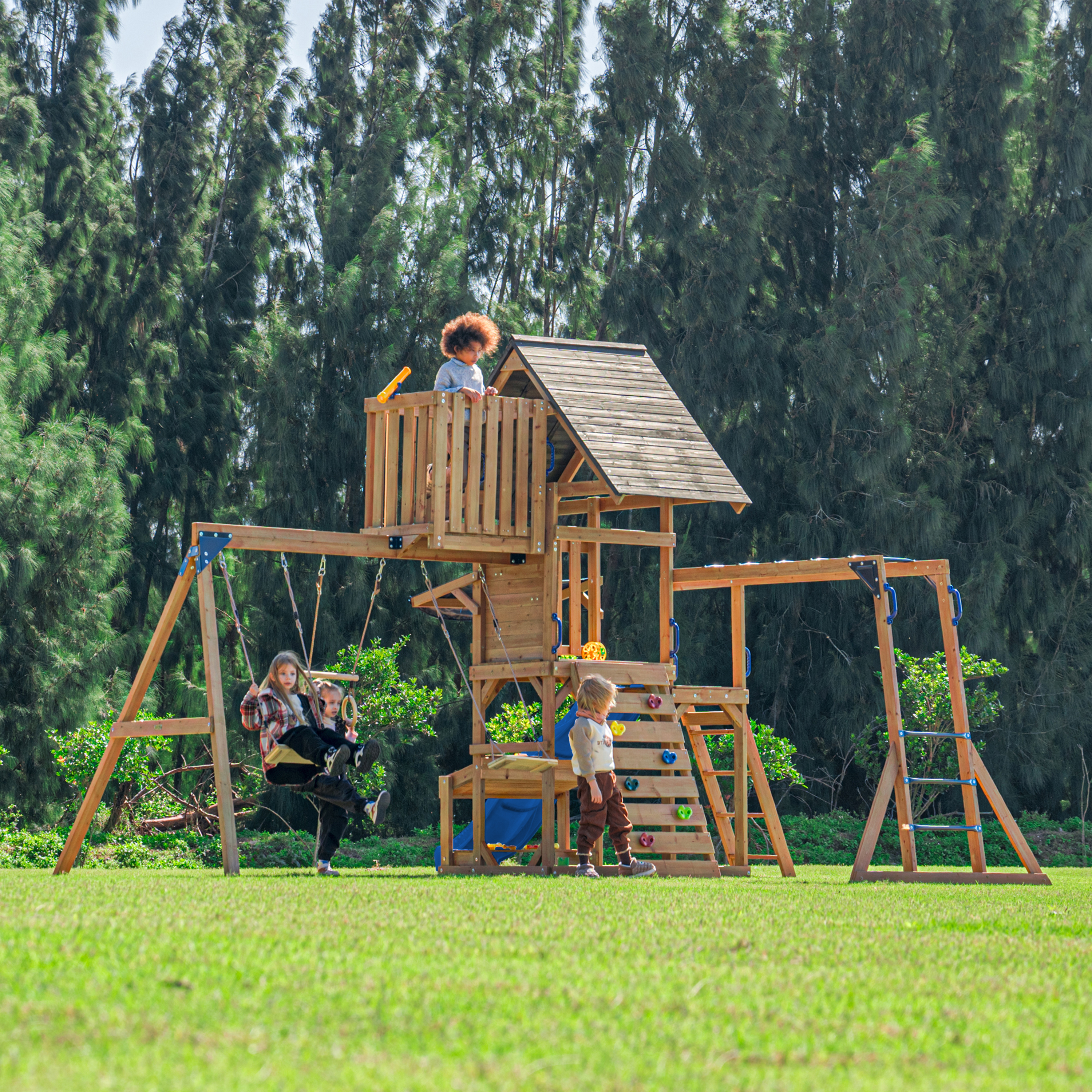 AXI Mitch Climbing Frame with Double Swing. Trapeze and Lookout Tower – Blue Slide