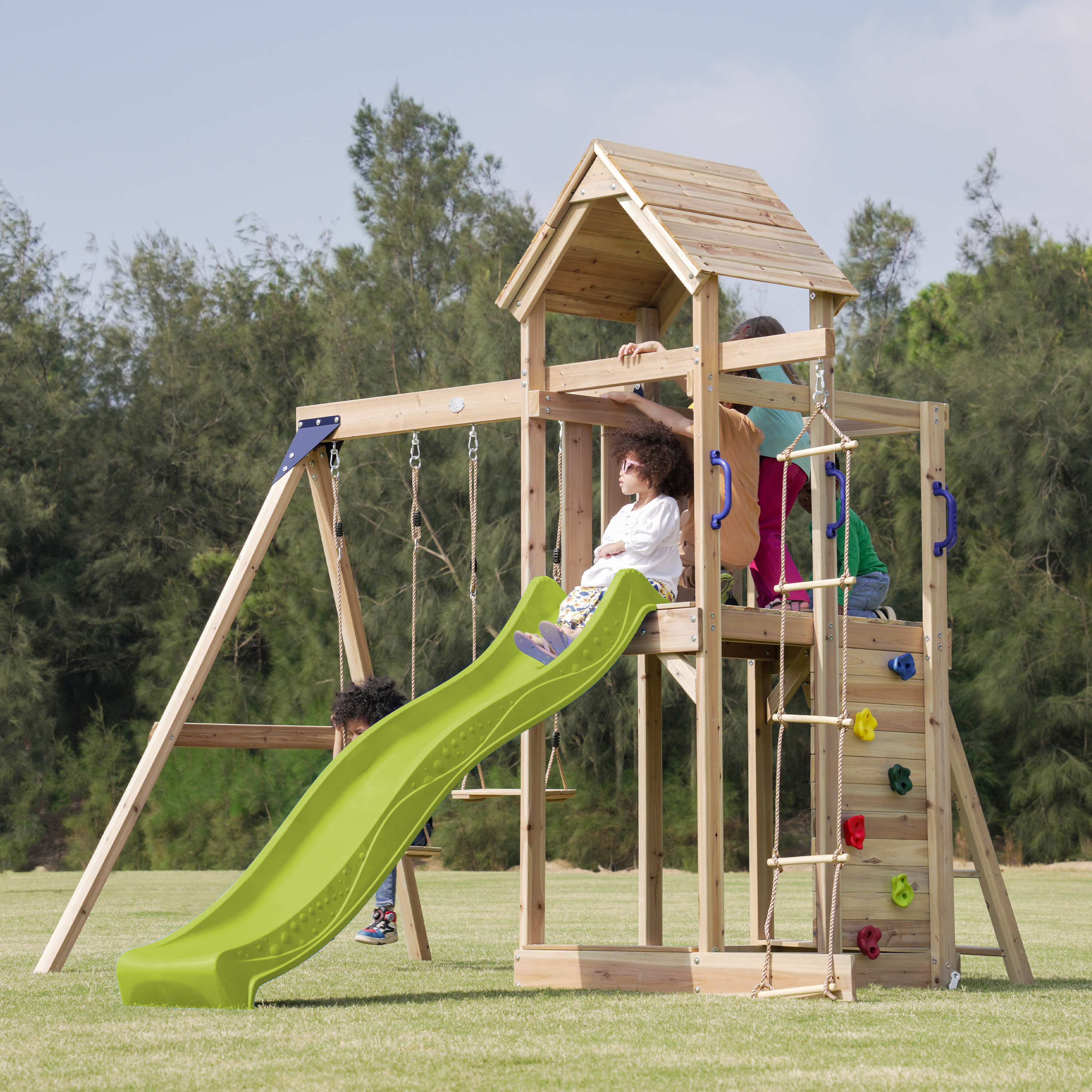 AXI Moos Speeltoestel met Dubbele Schommel en Touwladder Bruin – Limoen groene Glijbaan -8720365064494 AXI Moos Speeltoestel met Dubbele Schommel en Touwladder Bruin – Limoen groene Glijbaan