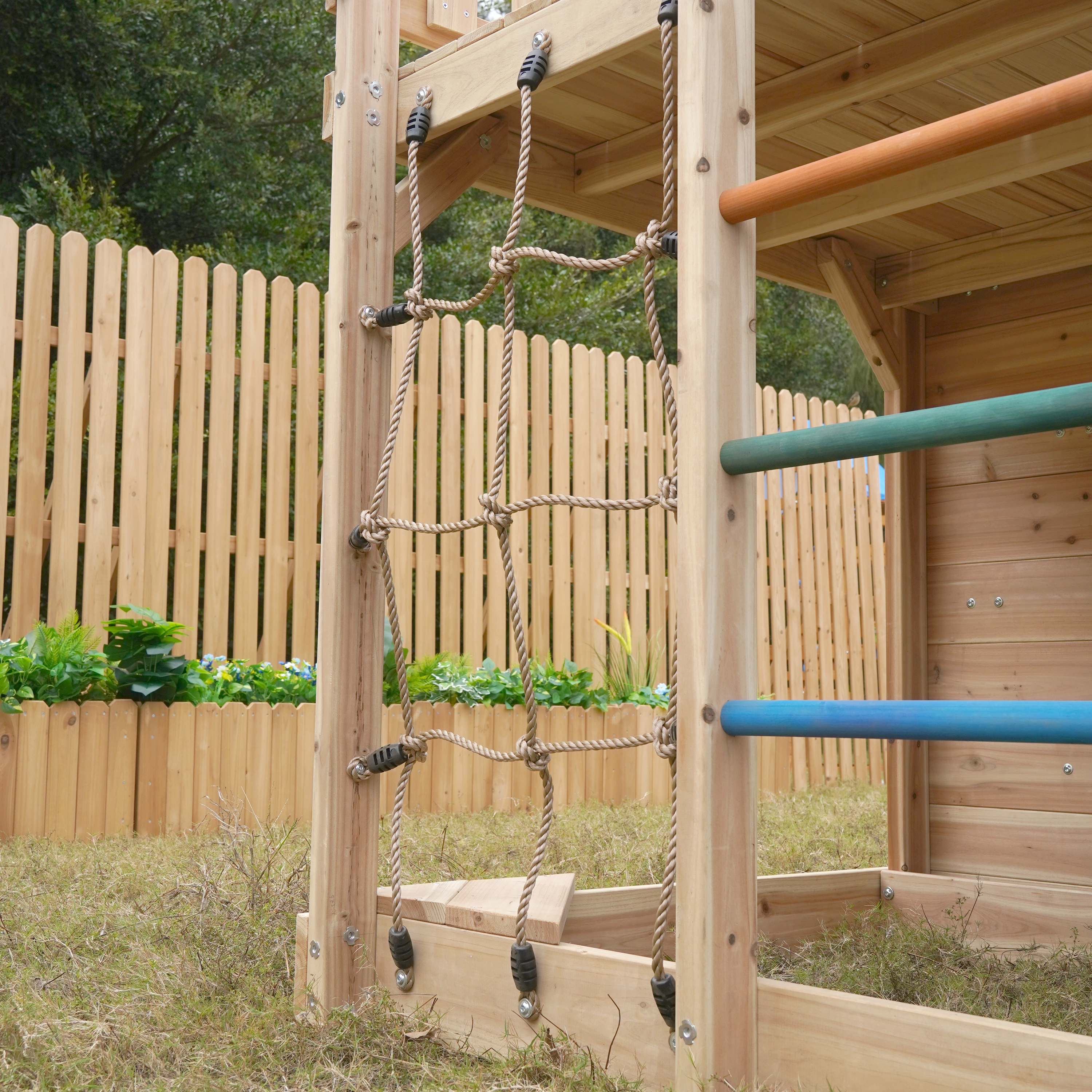 AXI Sam Climbing Frame with Climbing Wall. Climbing Net and Monkey Bars – Blue Slide