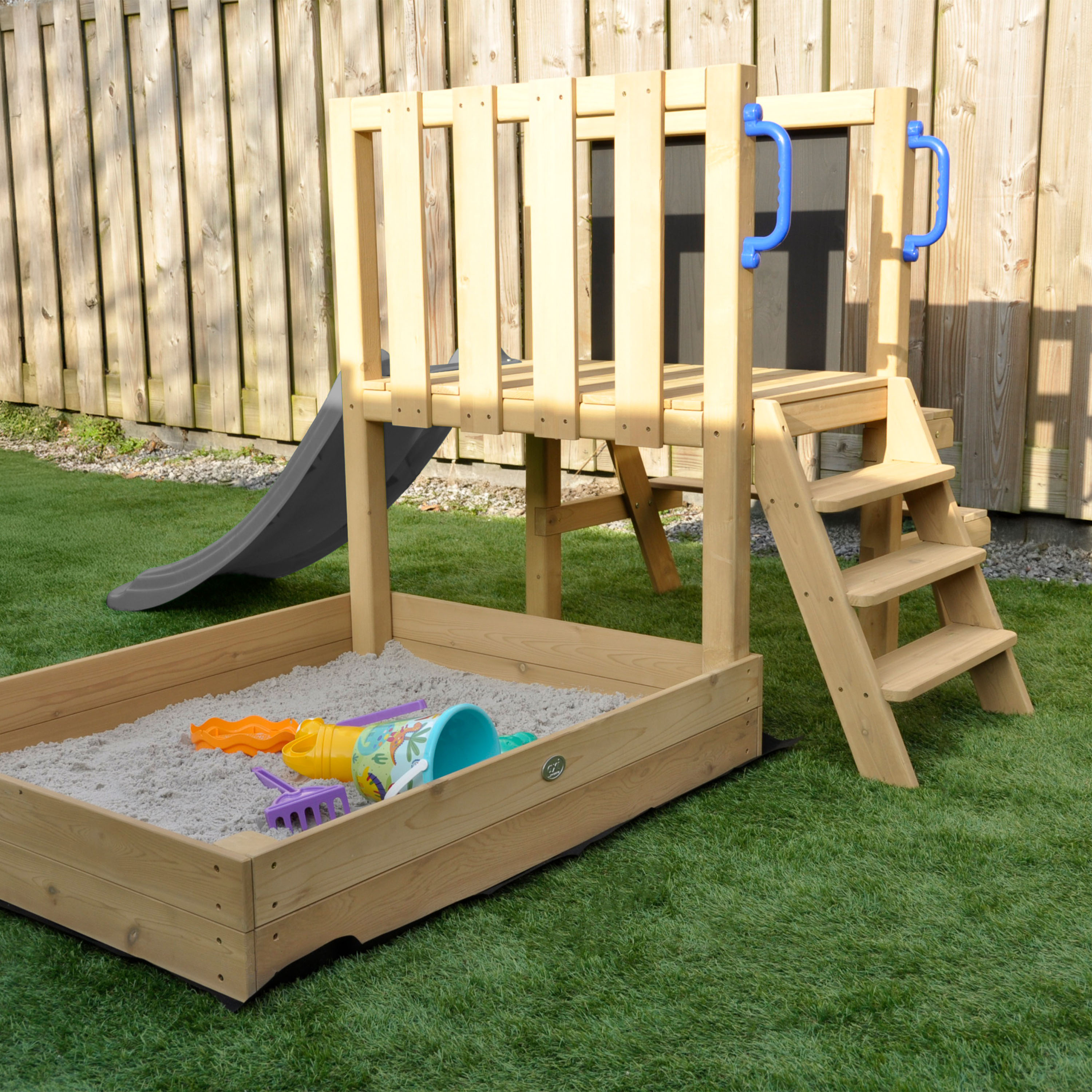 AXI Leah Mini Wooden Playtower with Sandbox. Picnic Table & Chalkboard –  Grey Slide