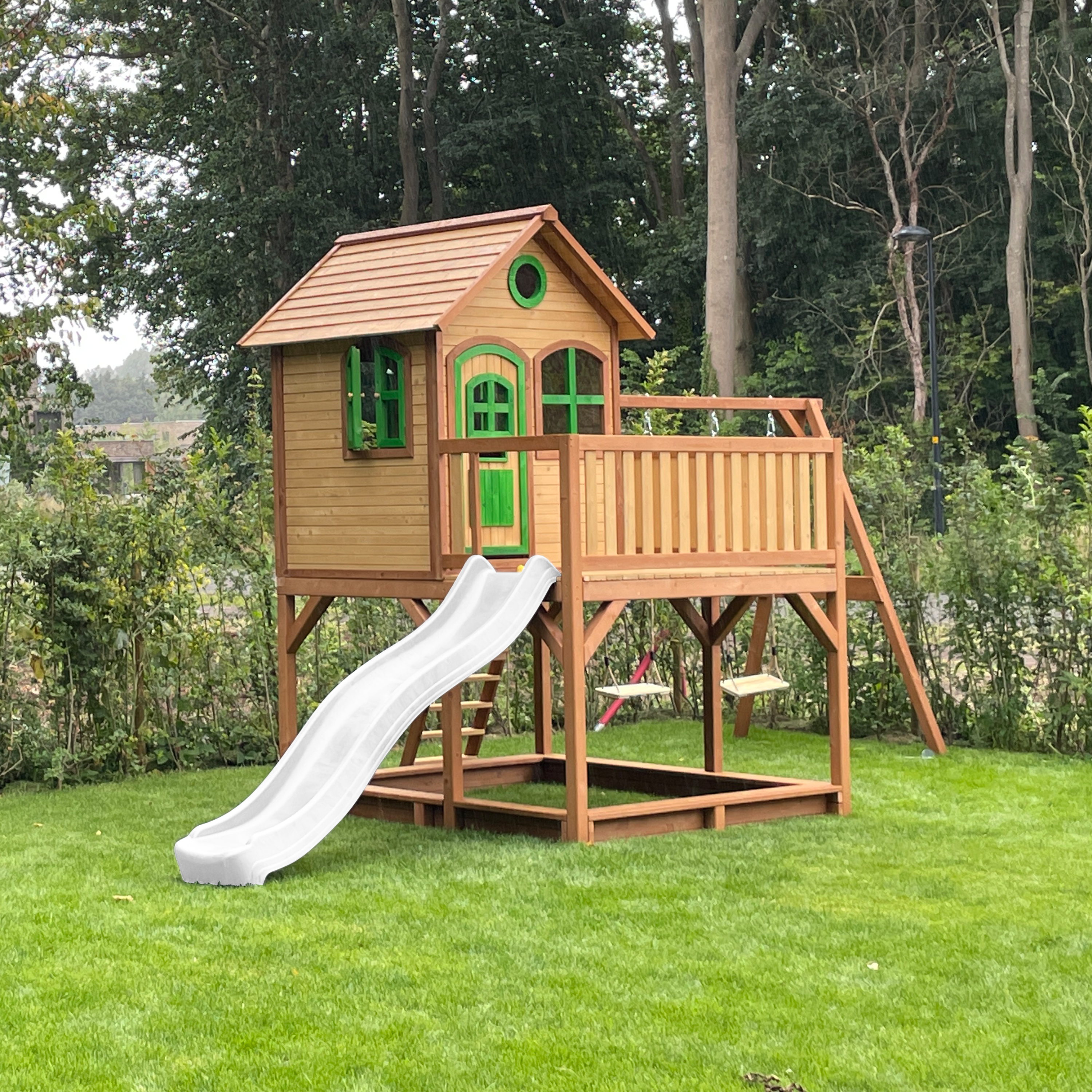 AXI Liam Playhouse with Double Swing Set Brown/Green - White Slide-8717973937838 AXI Liam Playhouse with Double Swing Set Brown/Green - White Slide