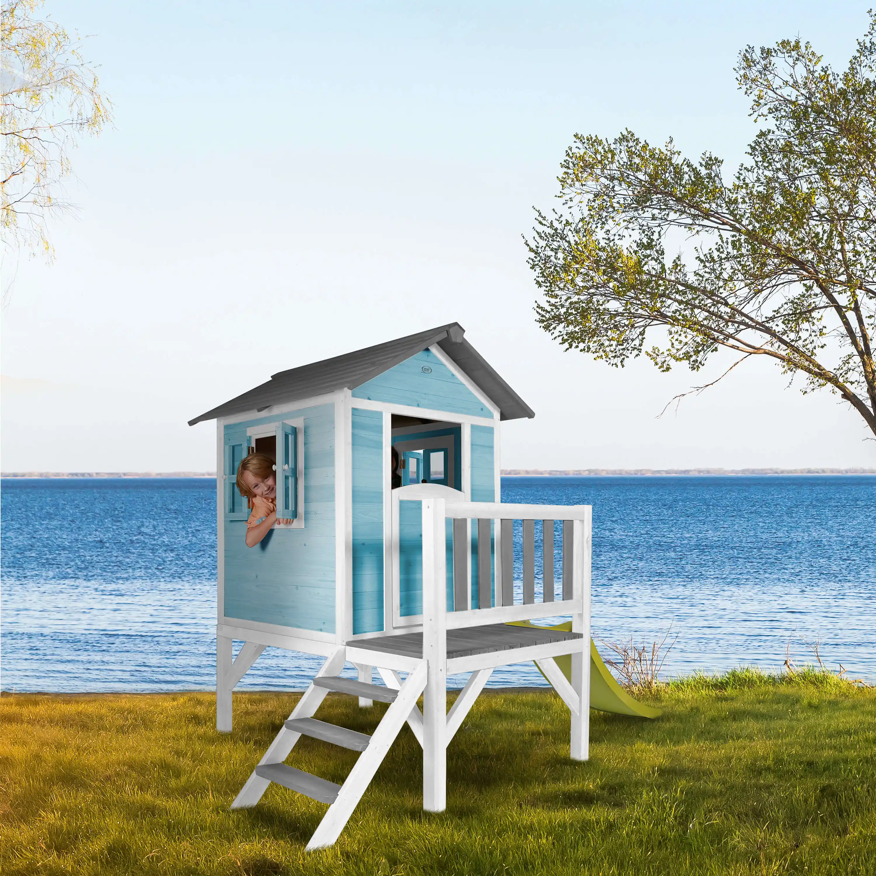 AXI Lodge XL Speelhuis Caribisch Blauw - Limoen groene Glijbaan