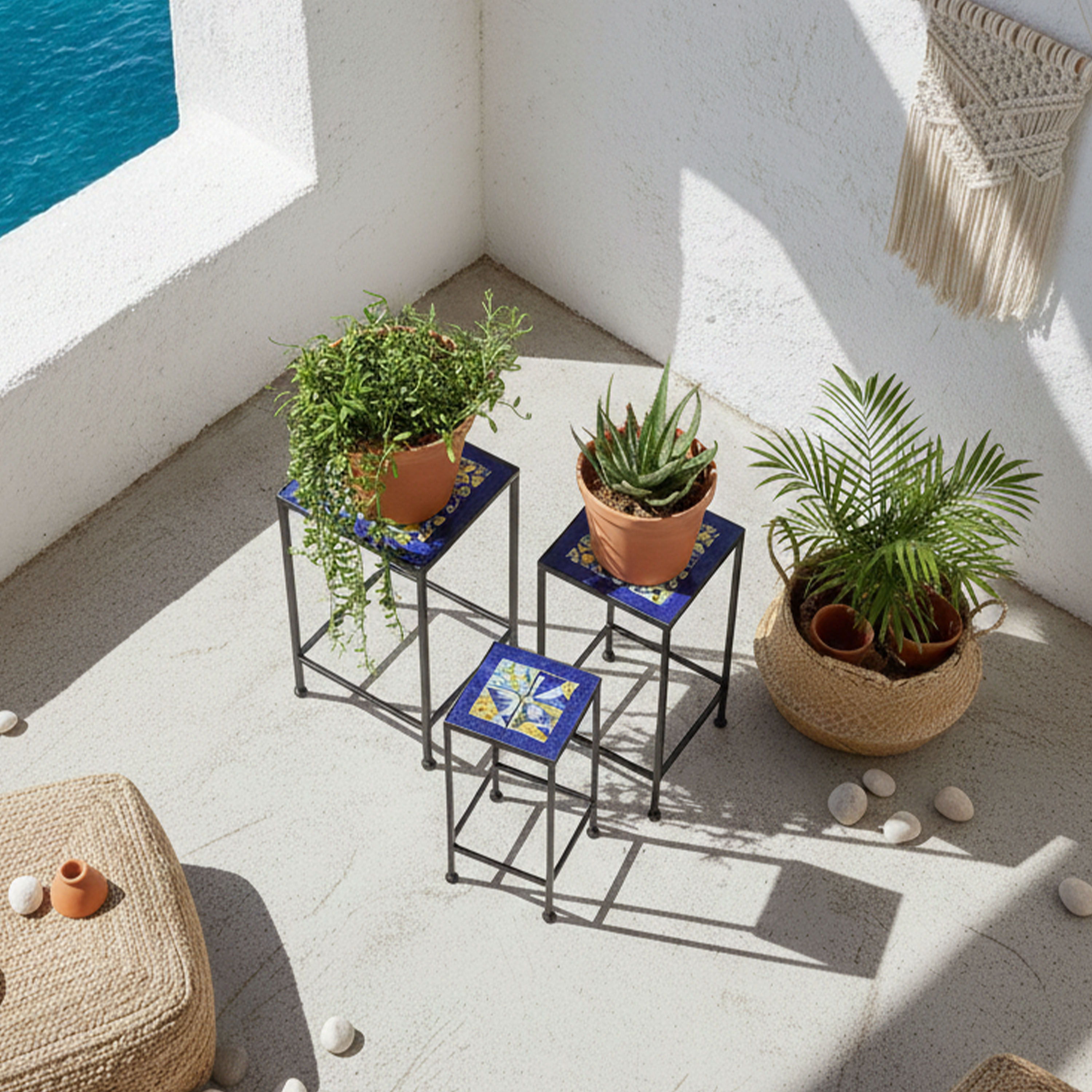 AXI Eline Mosaic Plant Table Square Mediterranean Style – Blue/Yellow – Set of 3