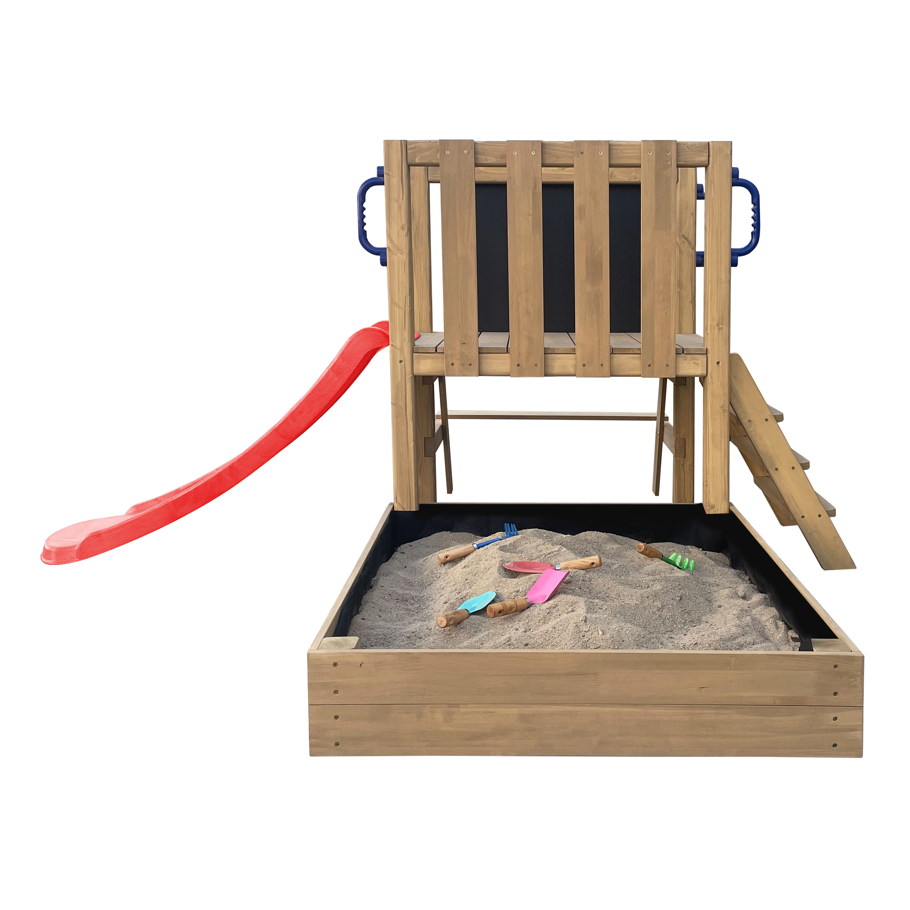 AXI Leah Mini Wooden Playtower with Sandbox. Picnic Table & Chalkboard – Red Slide