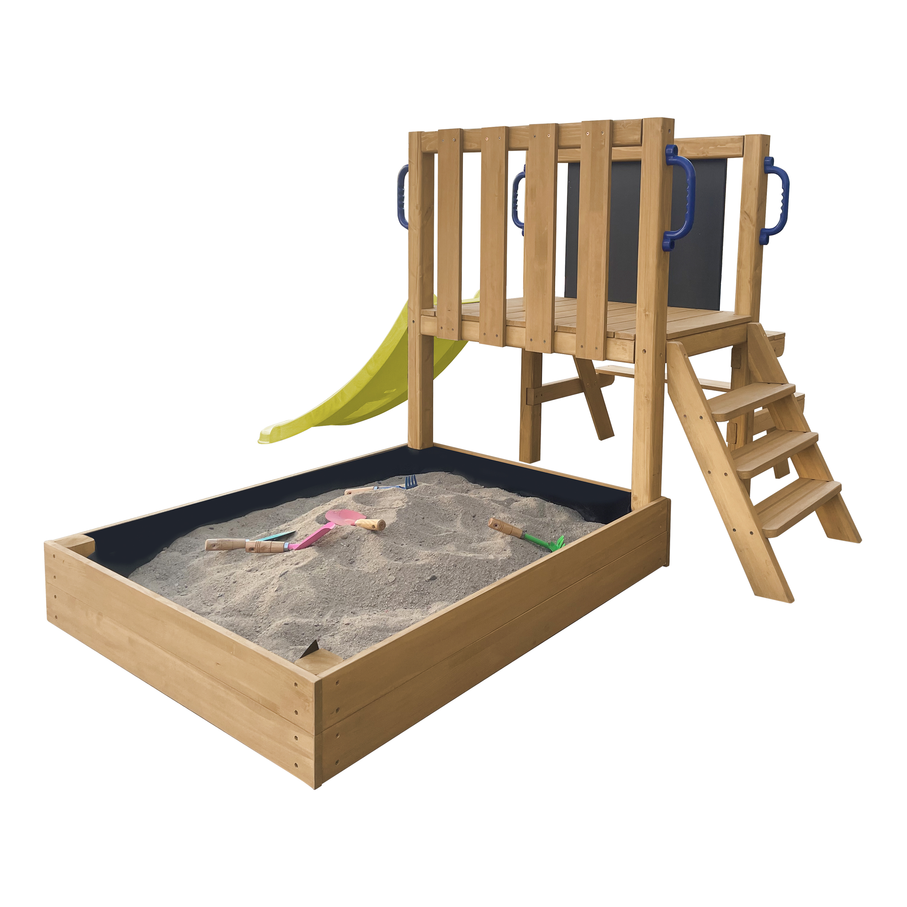 AXI Leah Mini Wooden Playtower with Sandbox. Picnic Table & Chalkboard – Lime Green Slide
