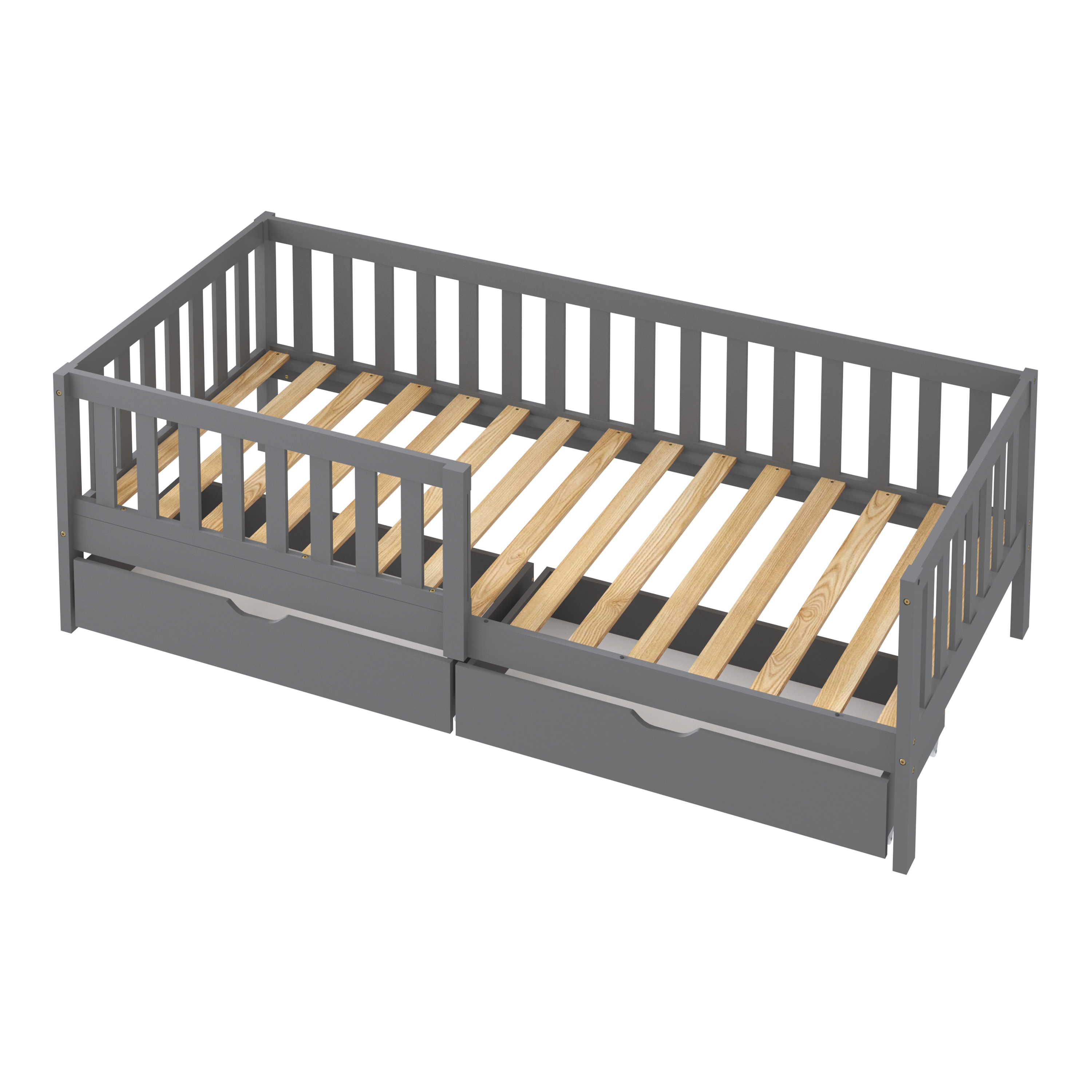 Sunny Isa Kids Bed with 2 Storage Drawers and Guardrail Grey – Without Mattress-8720365068560 Sunny Isa Kids Bed with 2 Storage Drawers and Guardrail Grey – Without Mattress