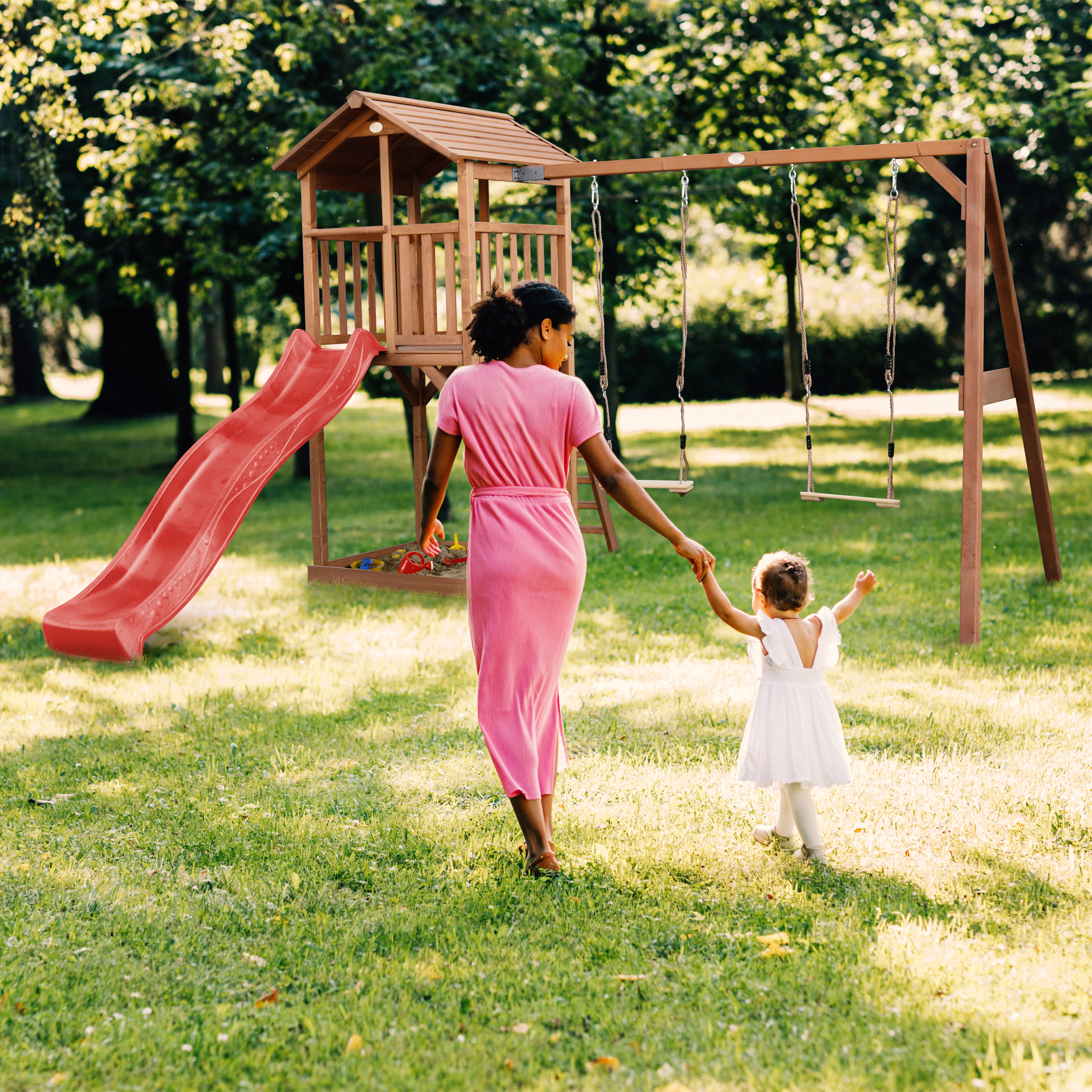 AXI Beach Tower with Double Swing Set Brown - Red Slide