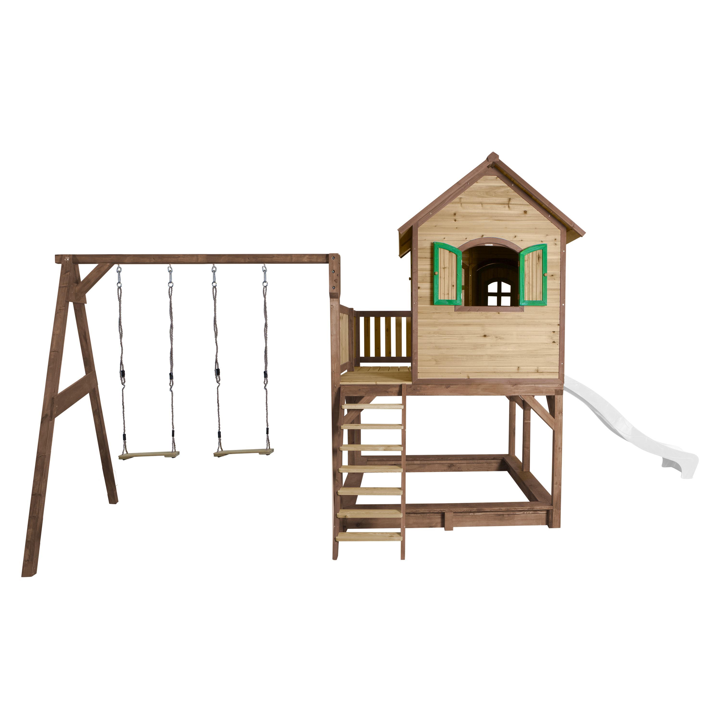 AXI Liam Playhouse with Double Swing Set Brown/Green - White Slide-8717973937838 AXI Liam Playhouse with Double Swing Set Brown/Green - White Slide