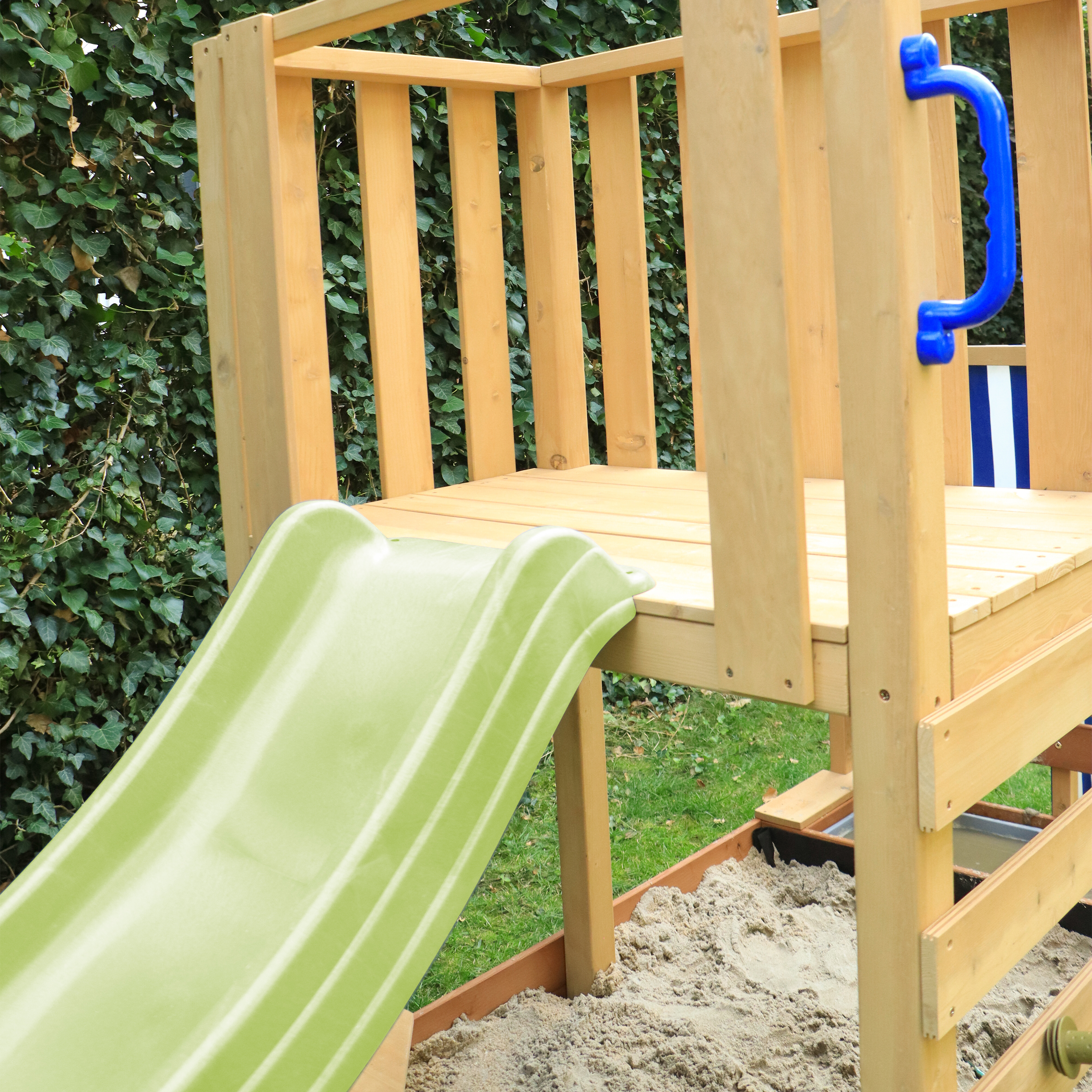 AXI Vicky Climbing Frame with Sandbox. Play Kitchen & Chalkboard – Lime Green Slide