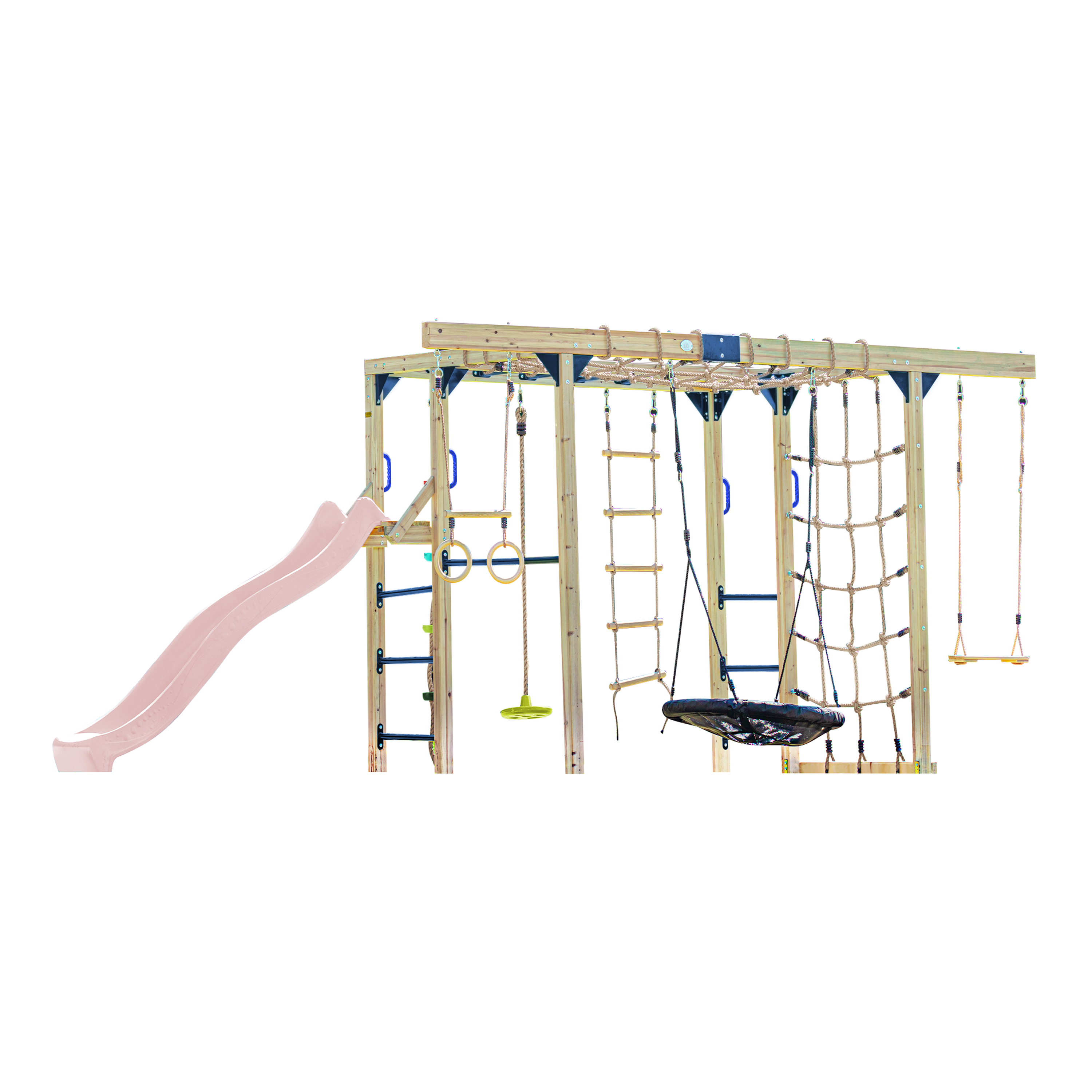 AXI Boris Wooden Playcentre with Swings. Trapeze. Climbing Nets and Monkey Bars – Pastel Pink Slide