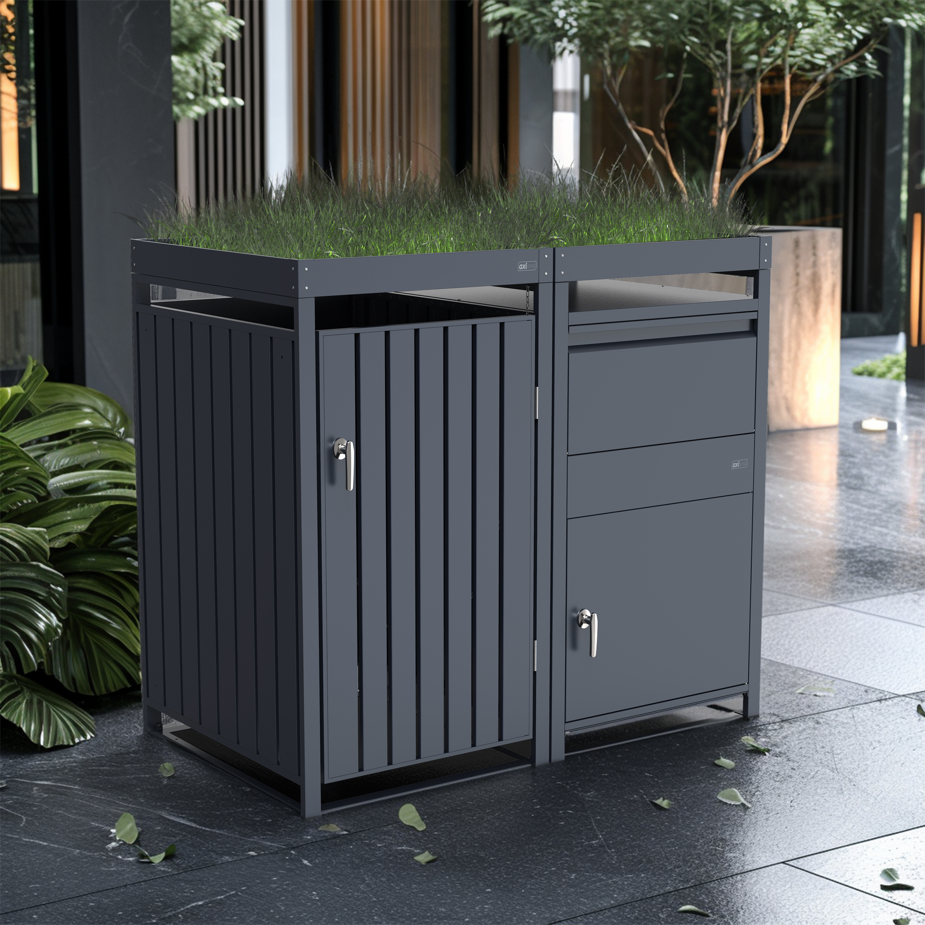 AXI Leon Bin Storage with Louis Parcel Postbox Anthracite – 1 Garbage Bin