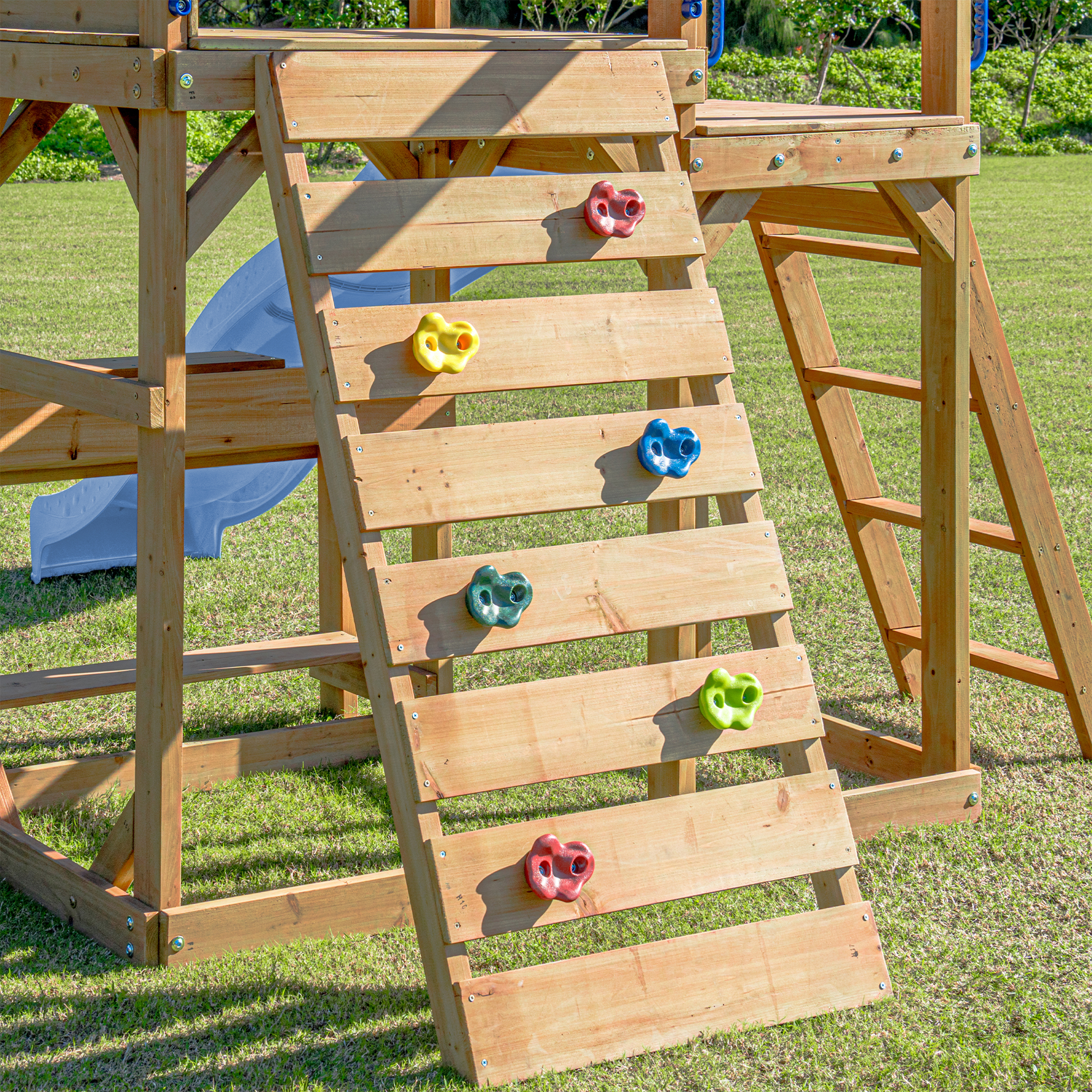 AXI Mitch Climbing Frame with Double Swing. Trapeze and Lookout Tower – Pastel Blue Slide
