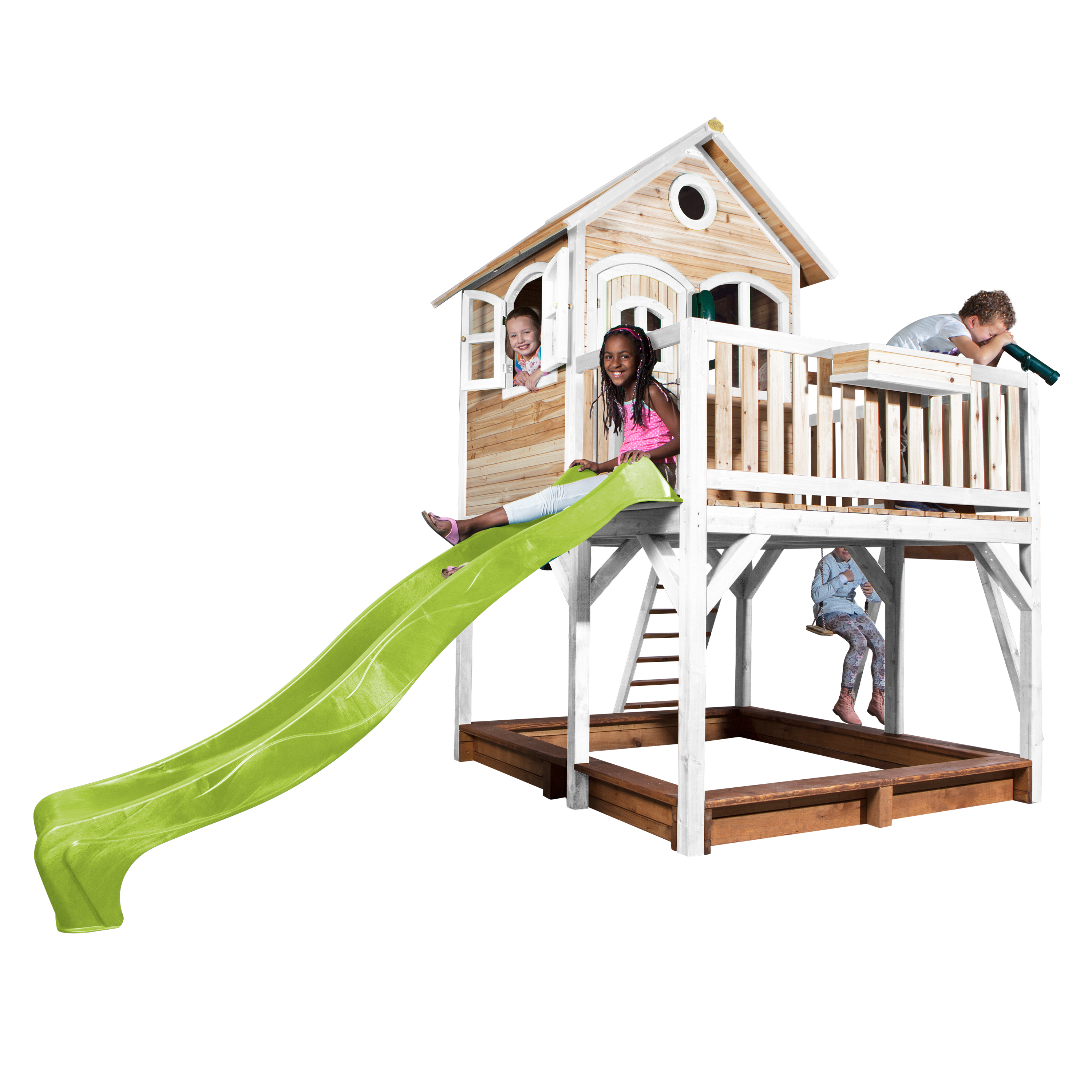 AXI Liam Playhouse with Double Swing Set Brown/White - Lime Green Slide-8717973933502 AXI Liam Playhouse with Double Swing Set Brown/White - Lime Green Slide