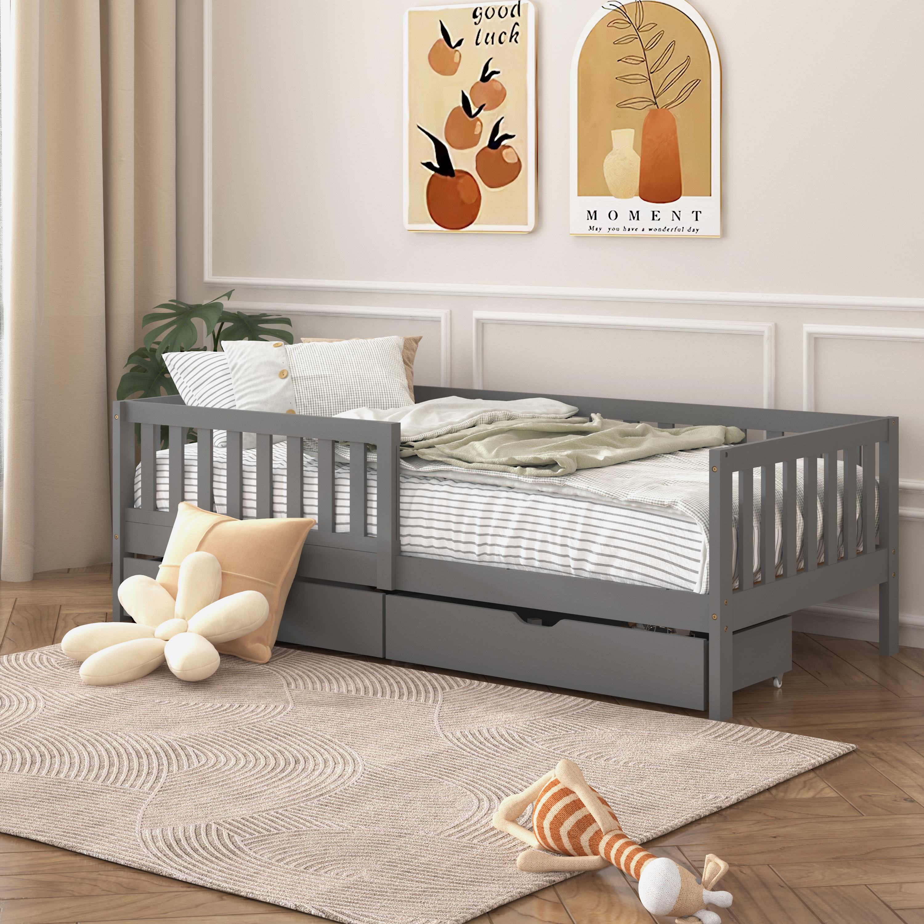 Sunny Isa Kids Bed with 2 Storage Drawers and Guardrail Grey – With Mattress
