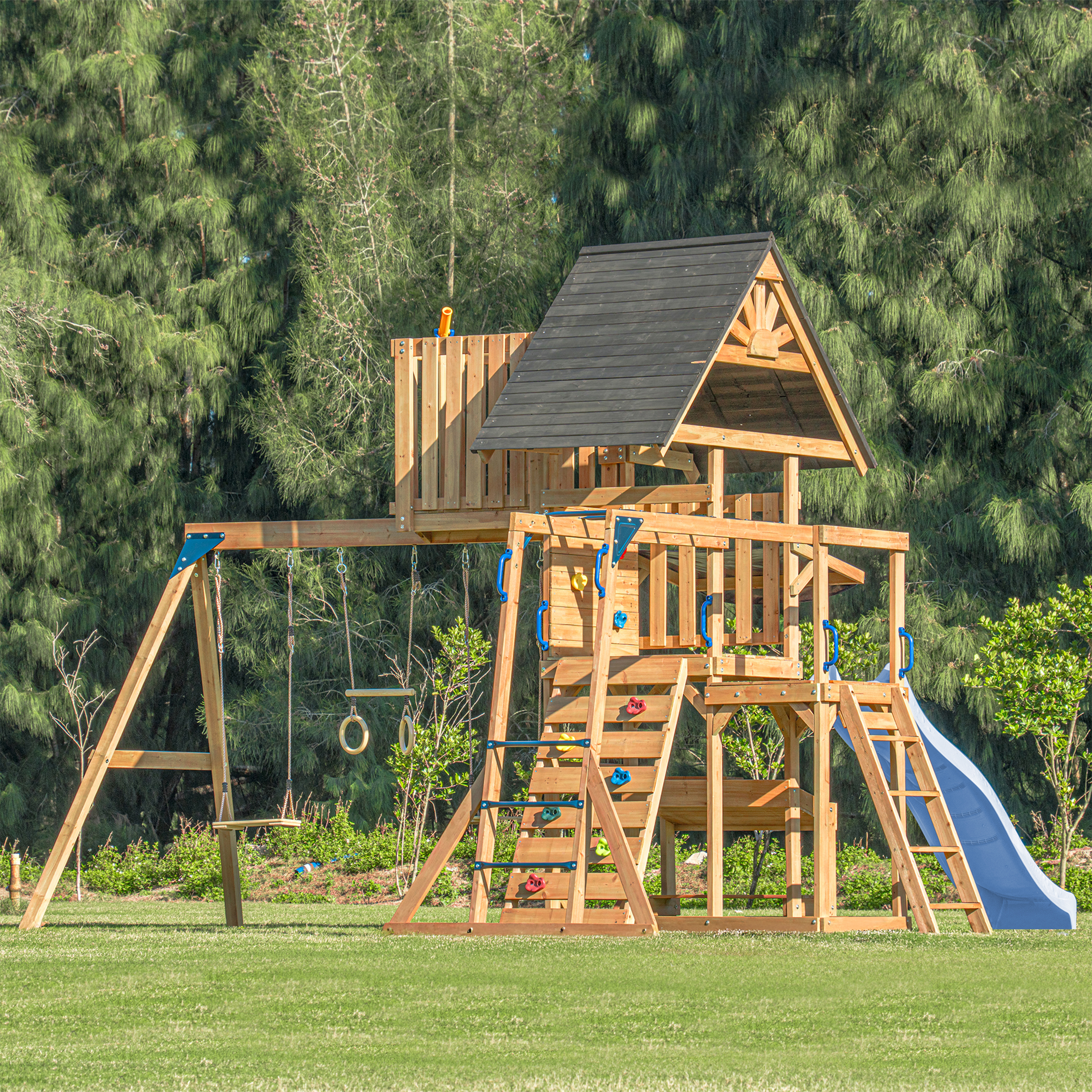 AXI Mitch Climbing Frame with Double Swing. Trapeze and Lookout Tower – Pastel Blue Slide