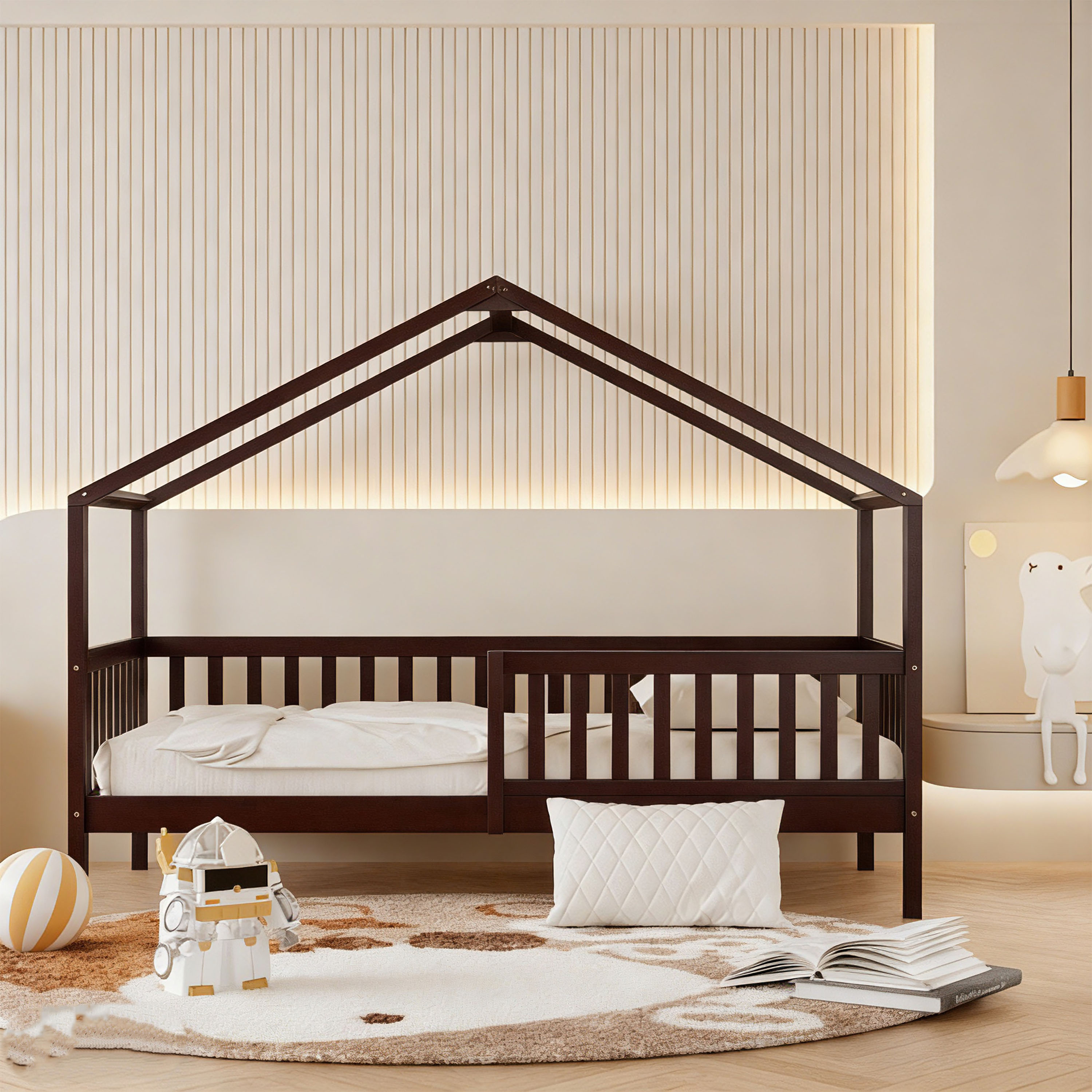 Sunny Kae House Bed with Guardrail Brown – With Mattress