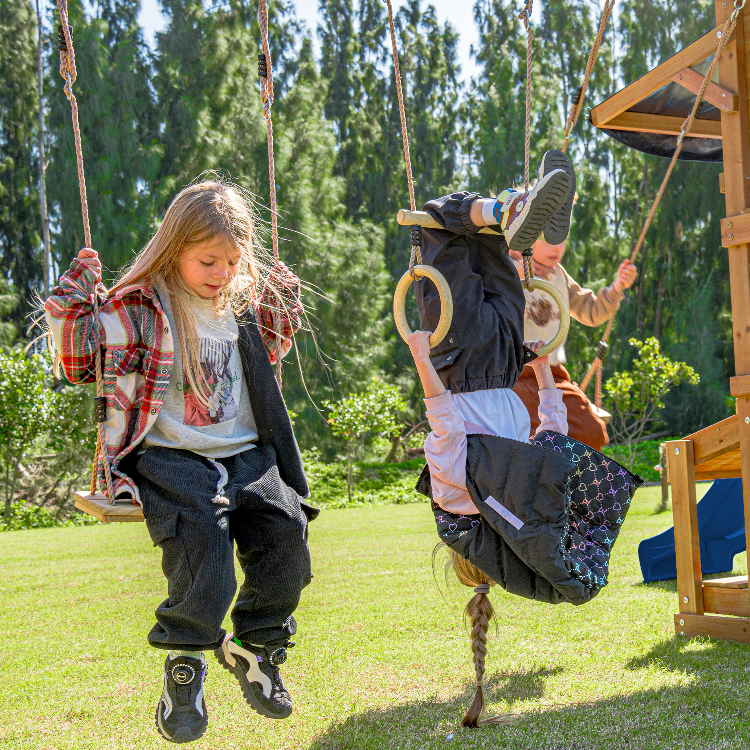 AXI Mitch Climbing Frame with Double Swing. Trapeze and Lookout Tower – Blue Slide