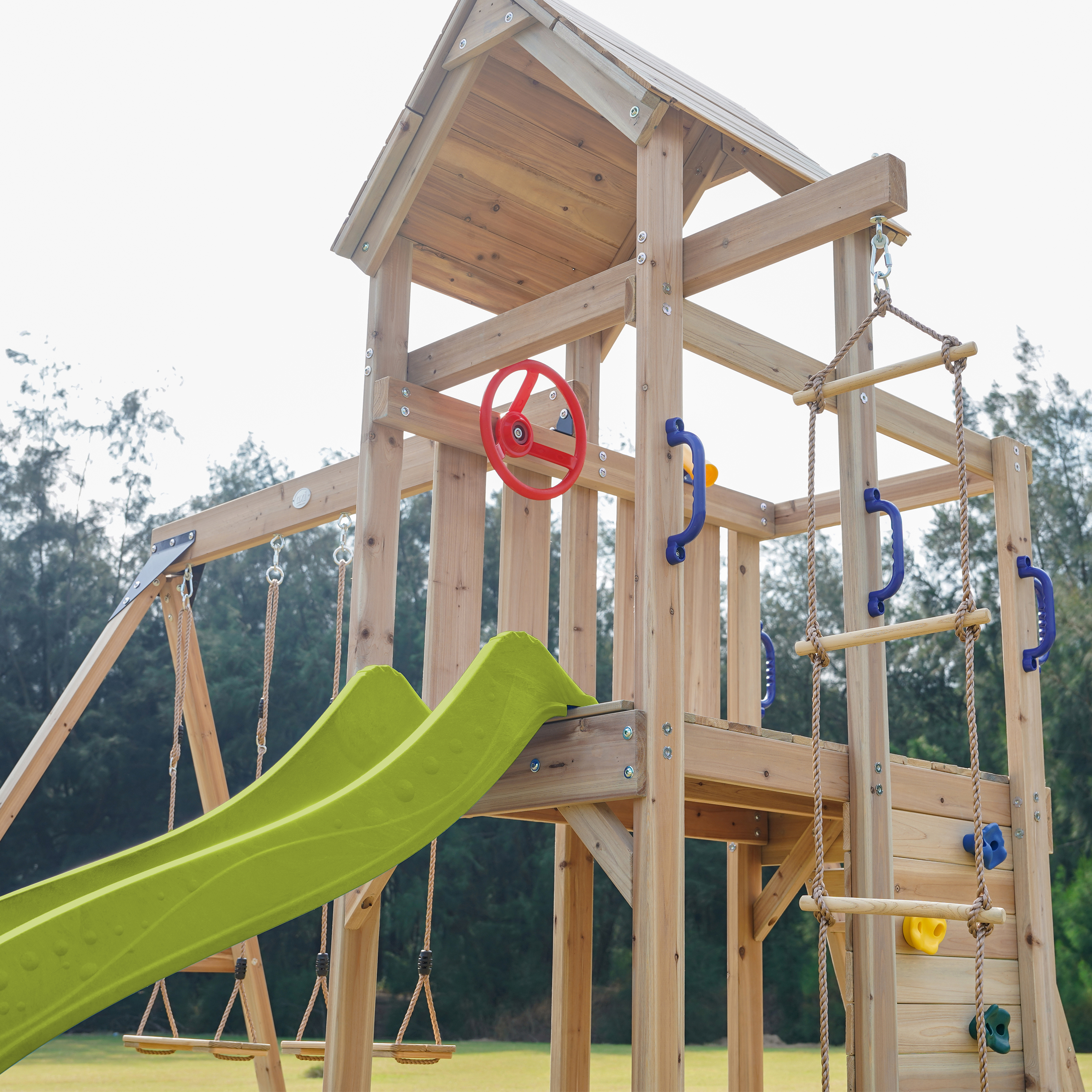 AXI Moos Speeltoestel met Dubbele Schommel en Touwladder Bruin – Limoen groene Glijbaan -8720365064494 AXI Moos Speeltoestel met Dubbele Schommel en Touwladder Bruin – Limoen groene Glijbaan
