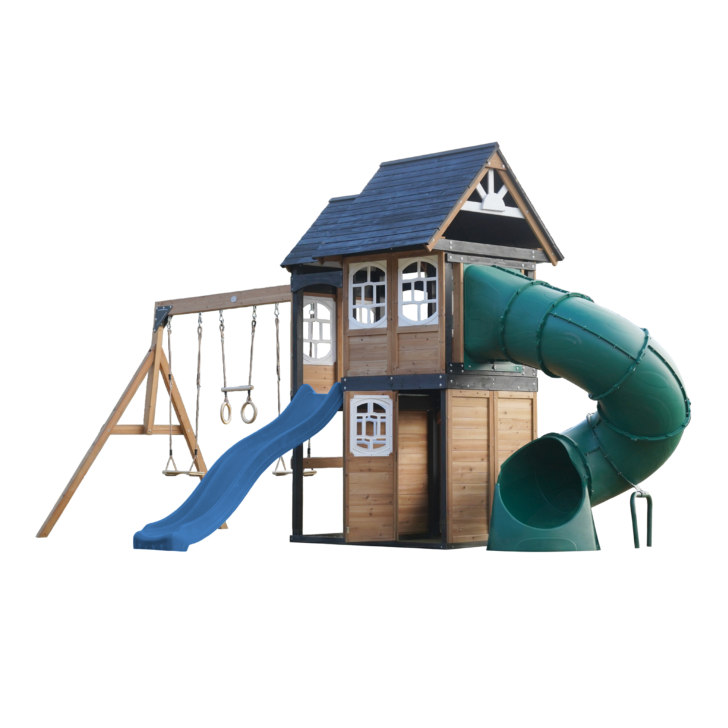 AXI Noud Climbing Frame with Playhouse, Swings, Trapeze and Climbing Wall – Blue Slide and Tube Slide