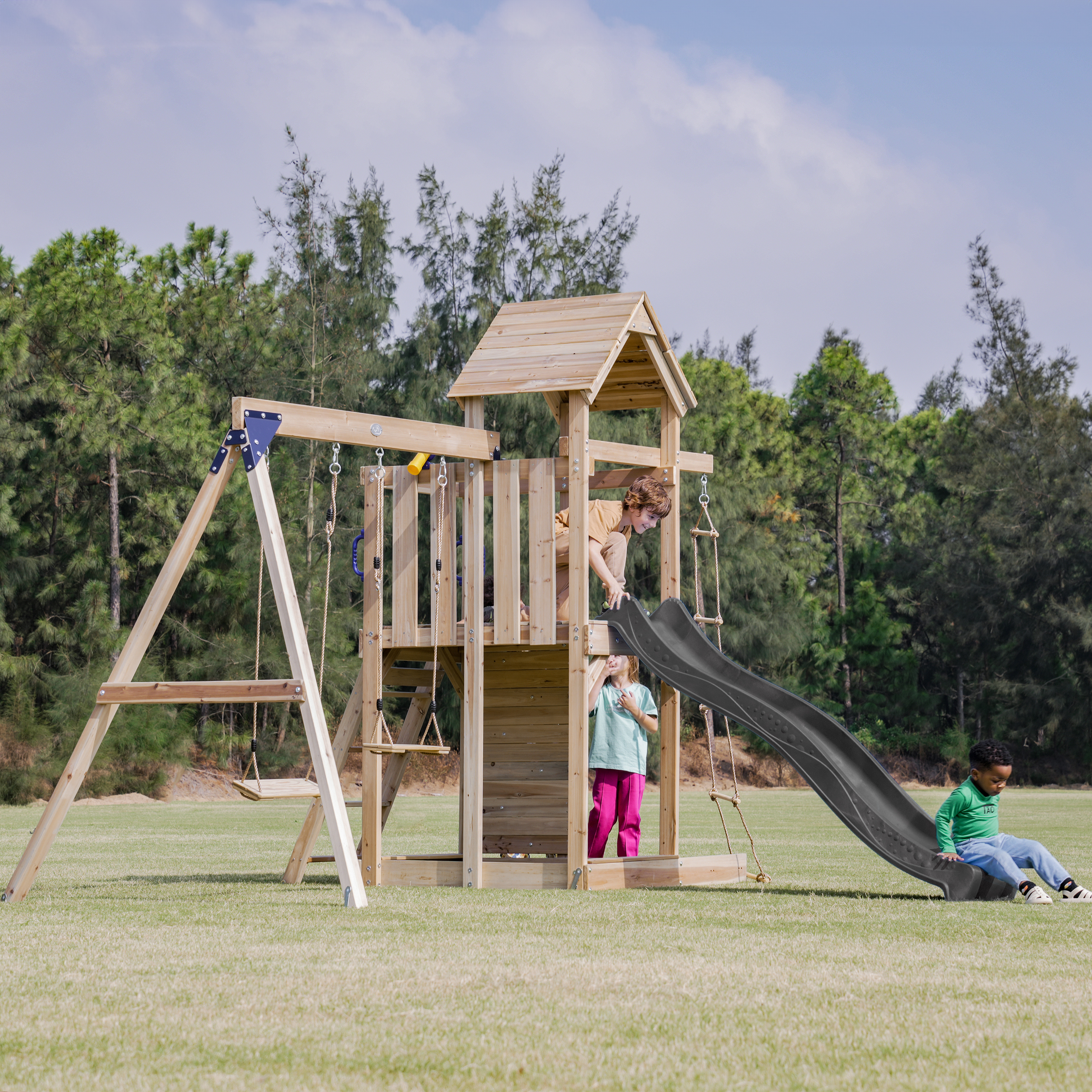 AXI Moos Climbing Frame with Double Swing Set - Grey Slide