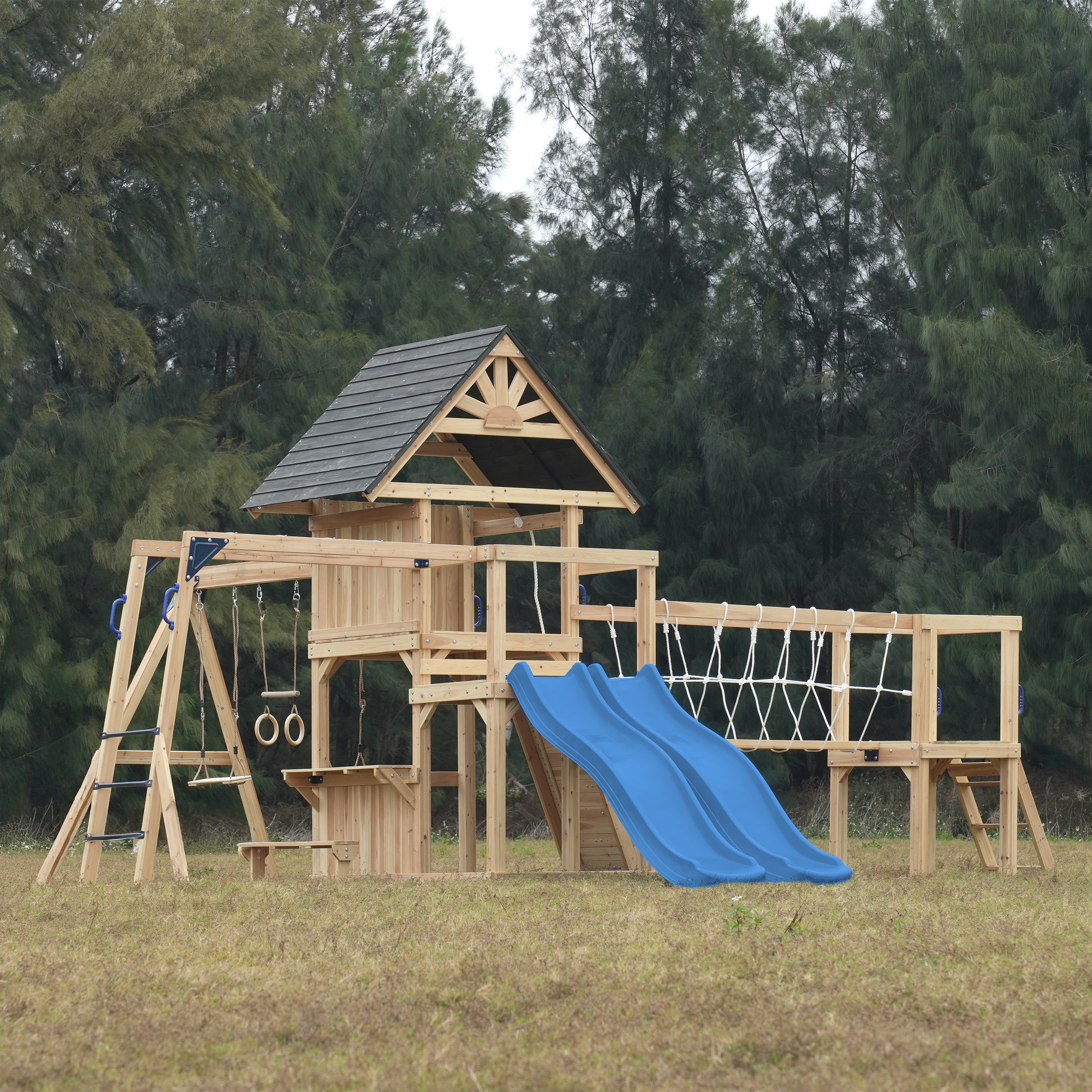 AXI Hunter Climbing Frame with Swings, Climbing Frame, Climbing Bridge and Multiple Platforms – Blue Double Slide