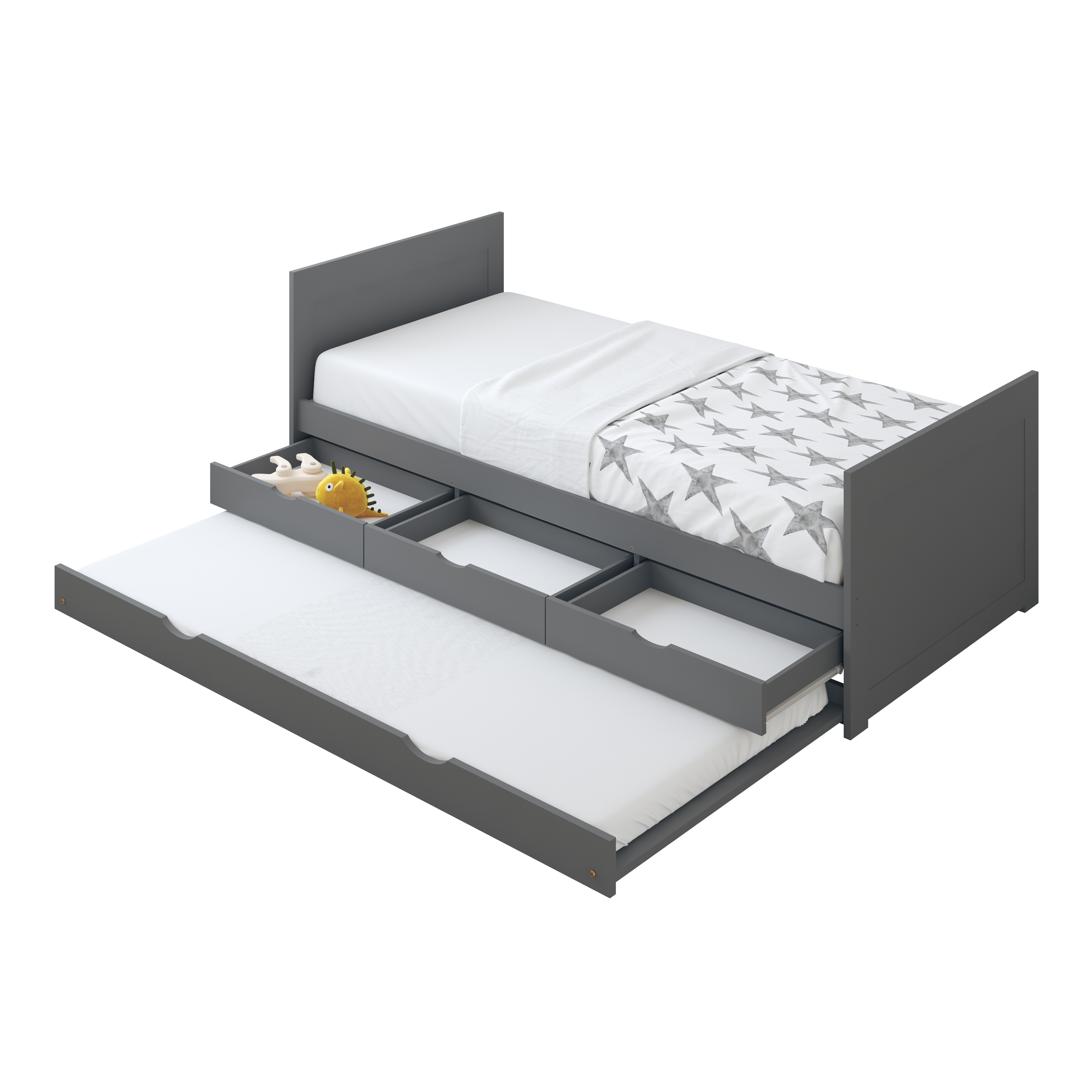 Sunny Eli Kids Bed with Trundle and 3 Storage Drawers Grey – Without Mattress