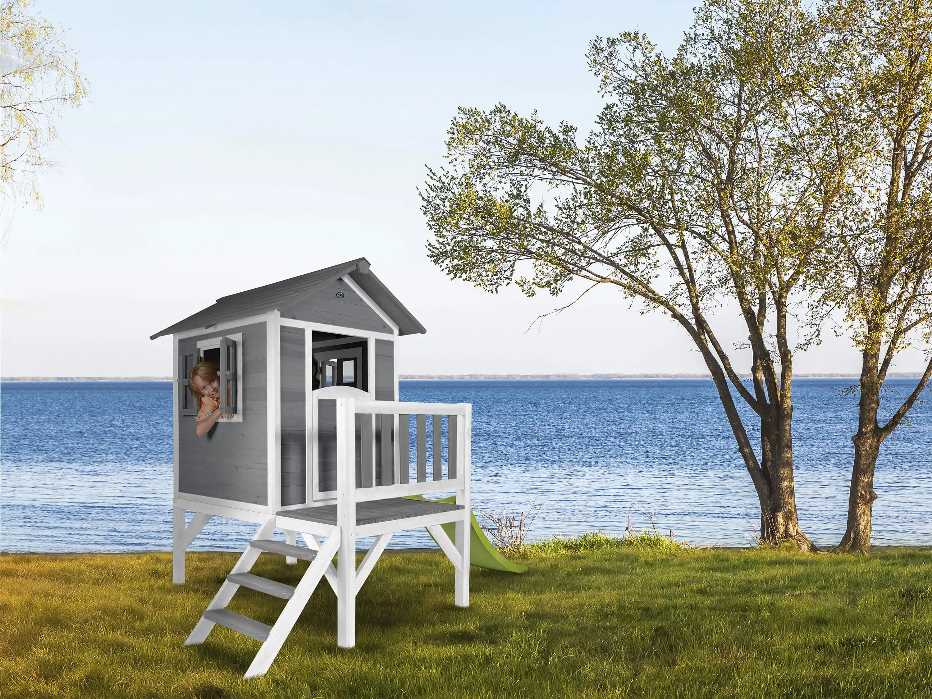 AXI Lodge XL Speelhuis Cool Grijs - Limoen groene Glijbaan