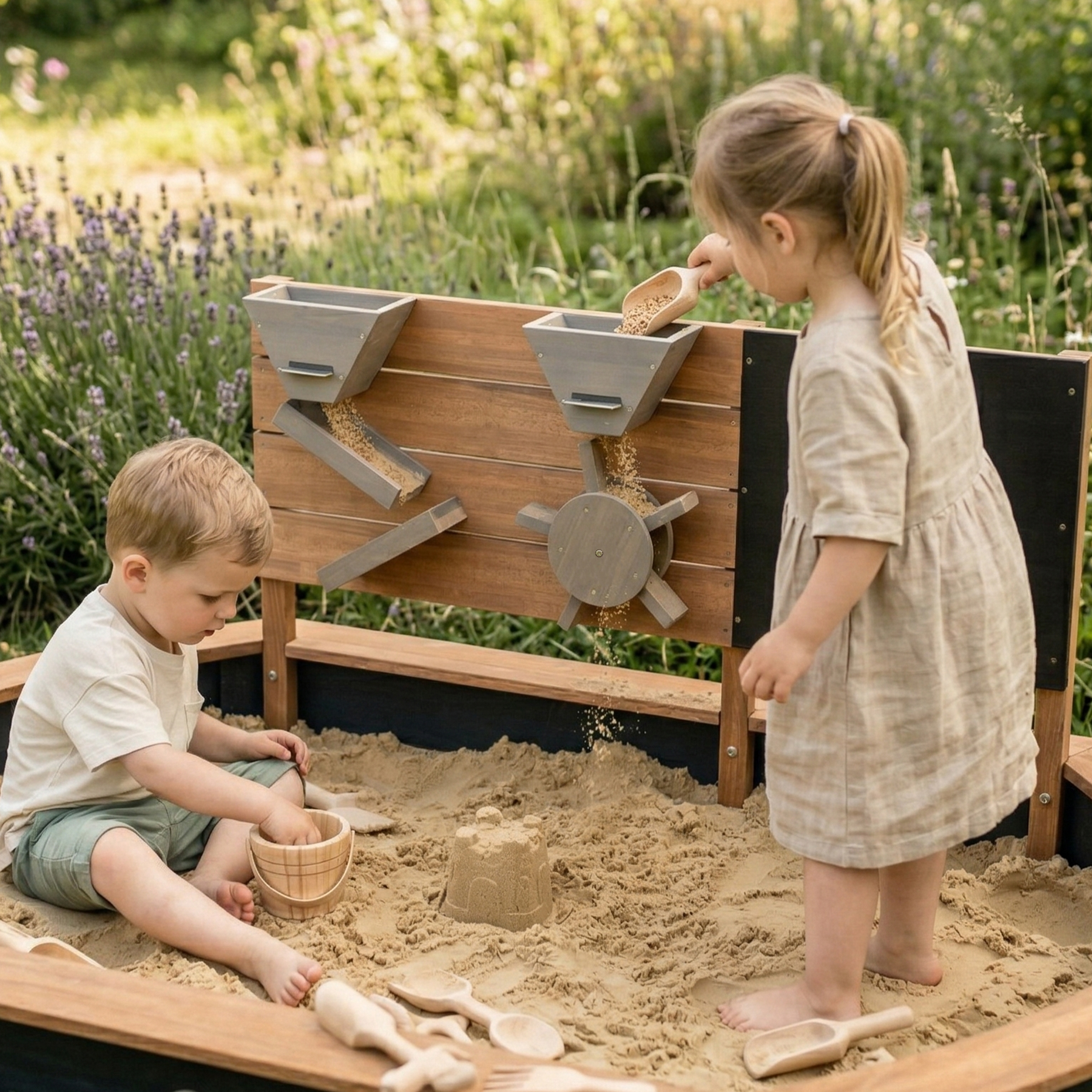 AXI Joey Sandbox Oval with Play wall and Chalkboard - 158 x 91 cm - Brown/Anthracite