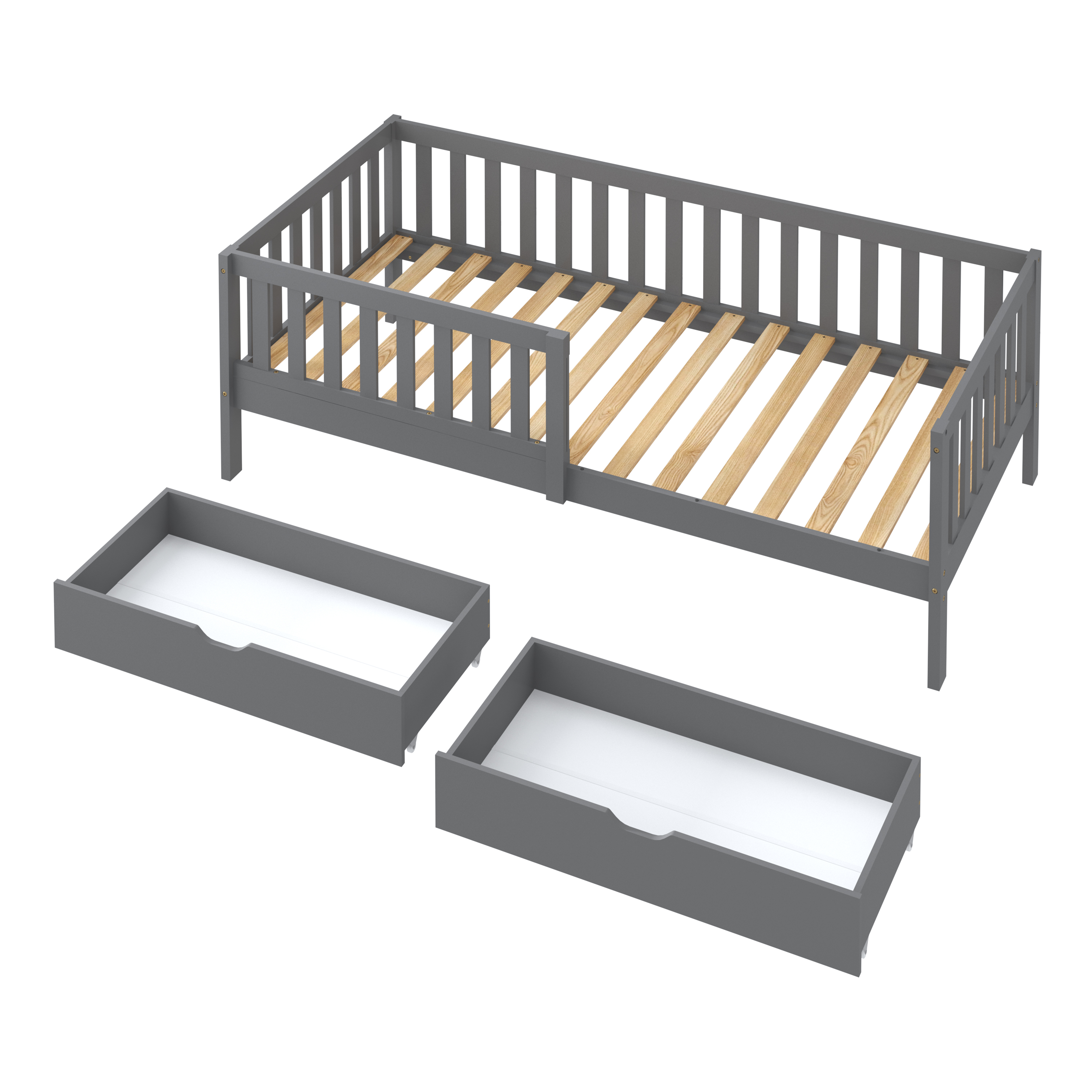 Sunny Isa Kids Bed with 2 Storage Drawers and Guardrail Grey – Without Mattress-8720365068560 Sunny Isa Kids Bed with 2 Storage Drawers and Guardrail Grey – Without Mattress