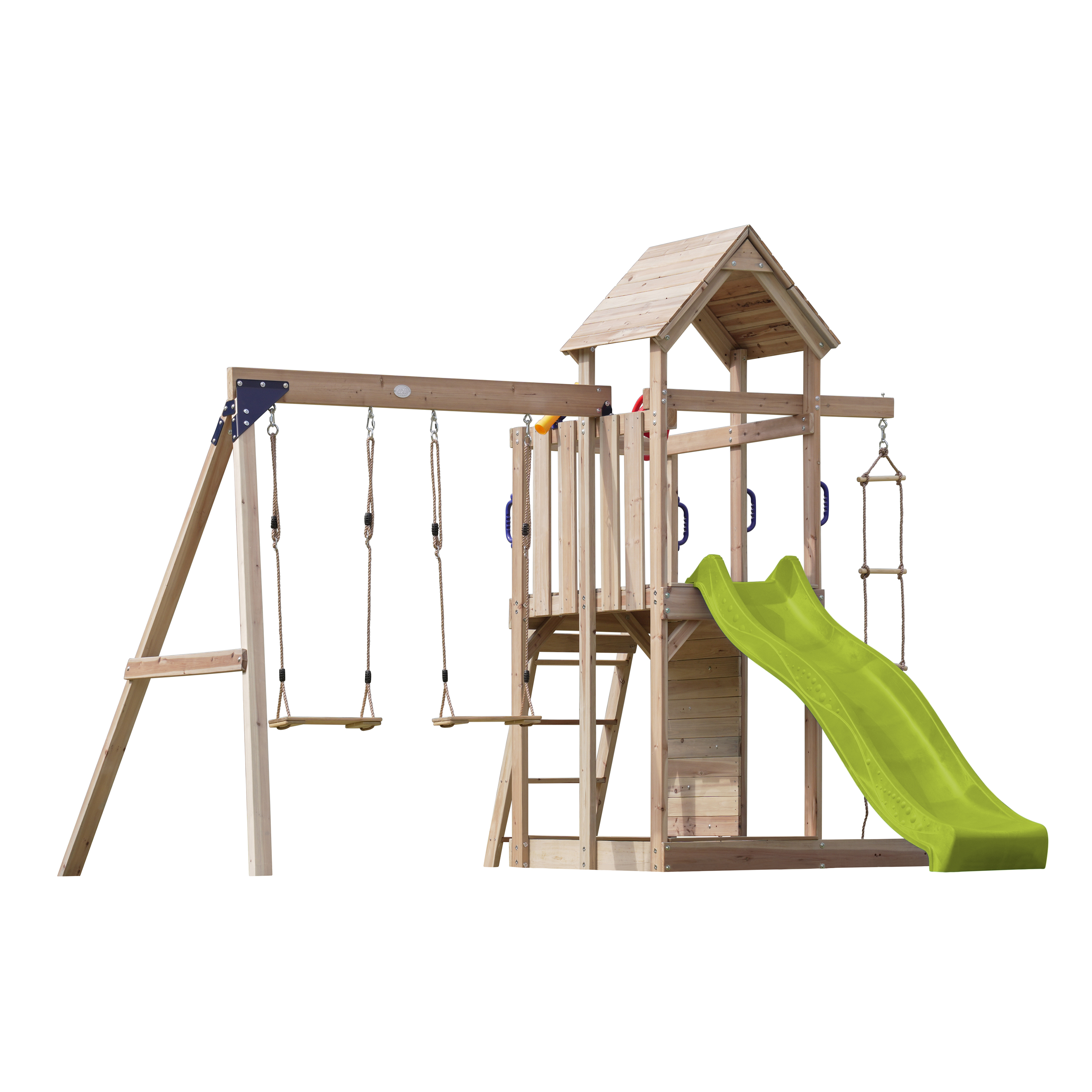 AXI Moos Speeltoestel met Dubbele Schommel en Touwladder Bruin – Limoen groene Glijbaan -8720365064494 AXI Moos Speeltoestel met Dubbele Schommel en Touwladder Bruin – Limoen groene Glijbaan