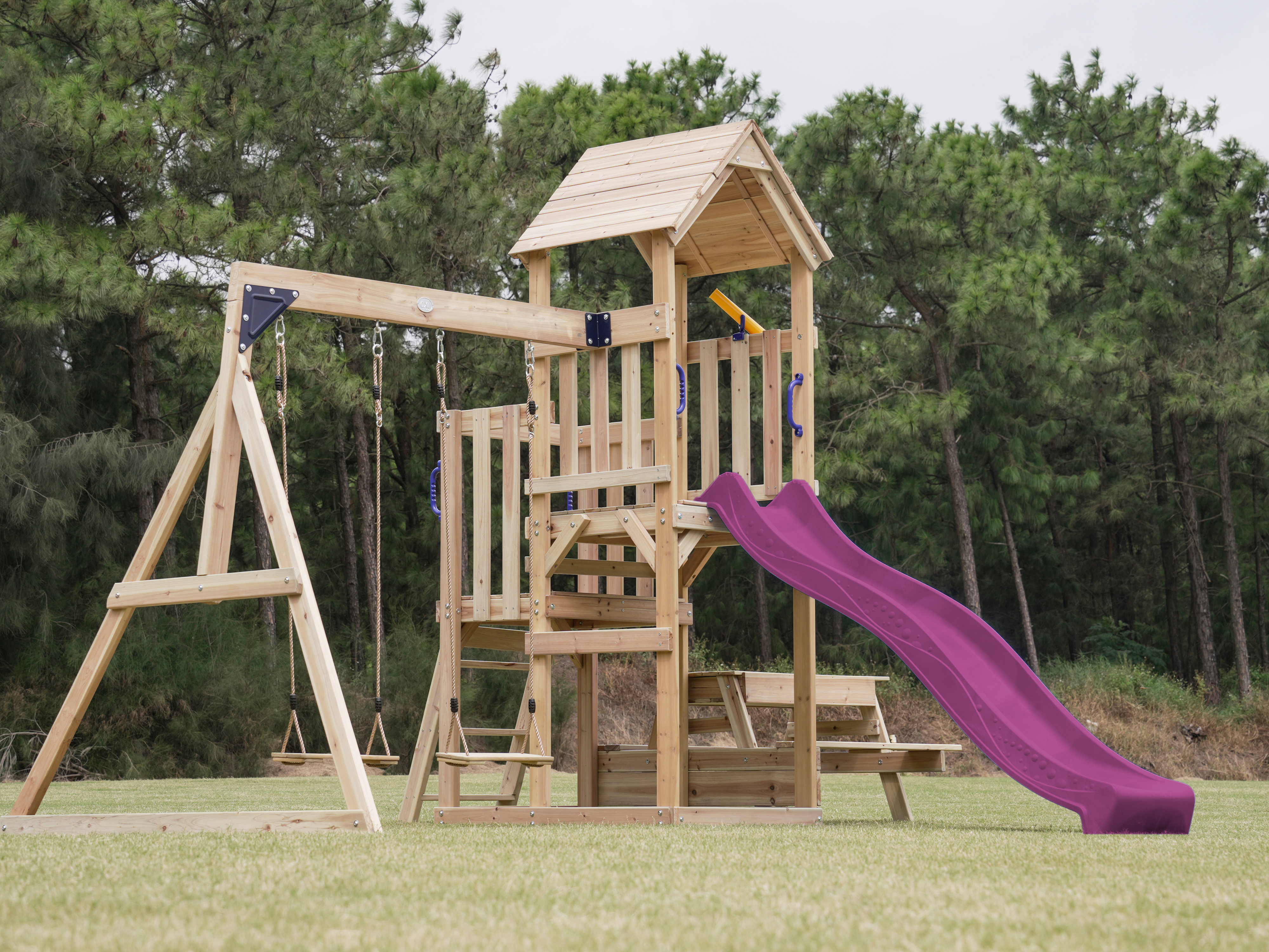 AXI Mette Playground with Double Swing Brown - Purple Slide 