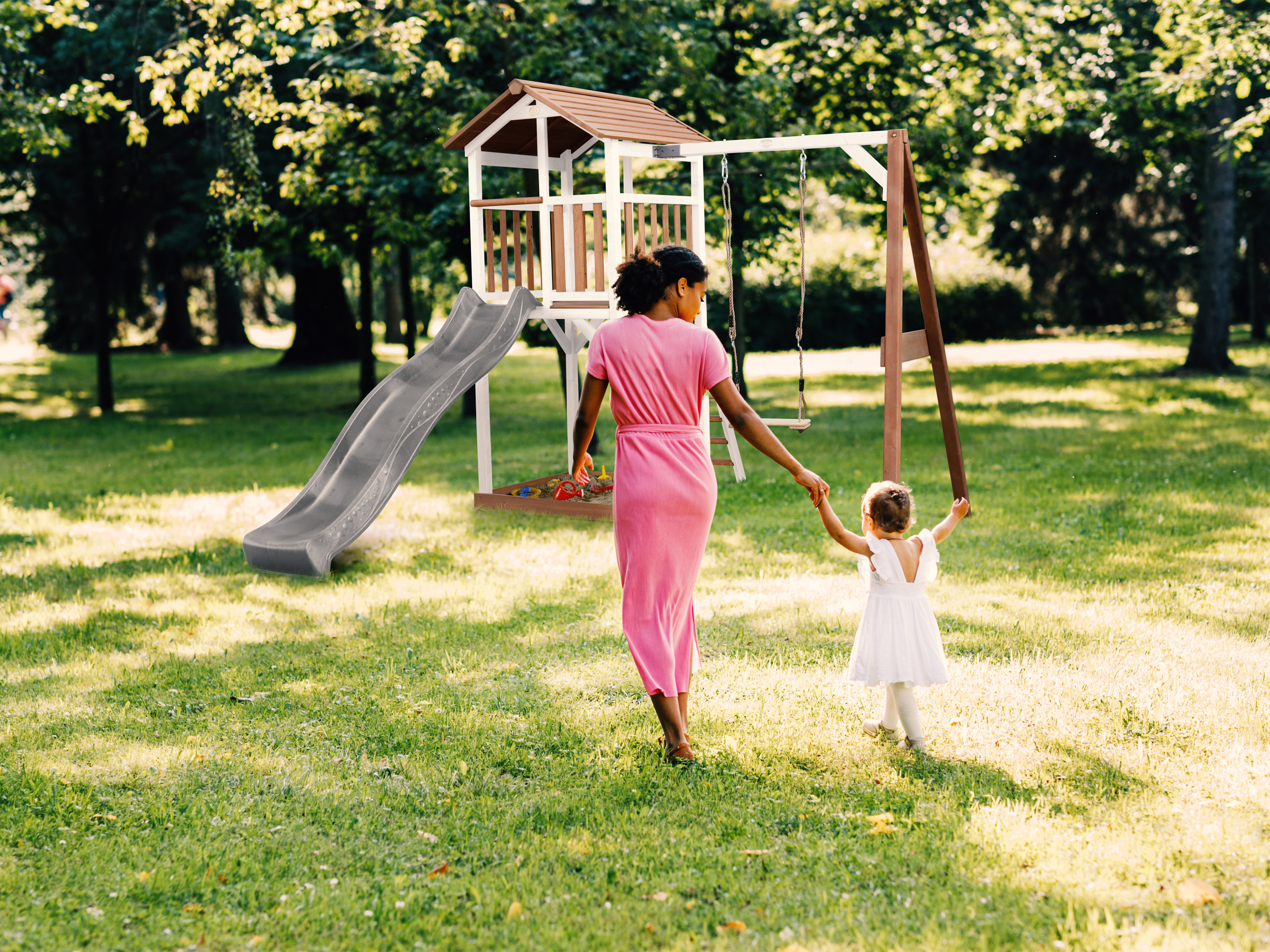 AXI Beach Tower with Single Swing Set Brown/White - Grey Slide-8717973939290 AXI Beach Tower with Single Swing Set Brown/White - Grey Slide