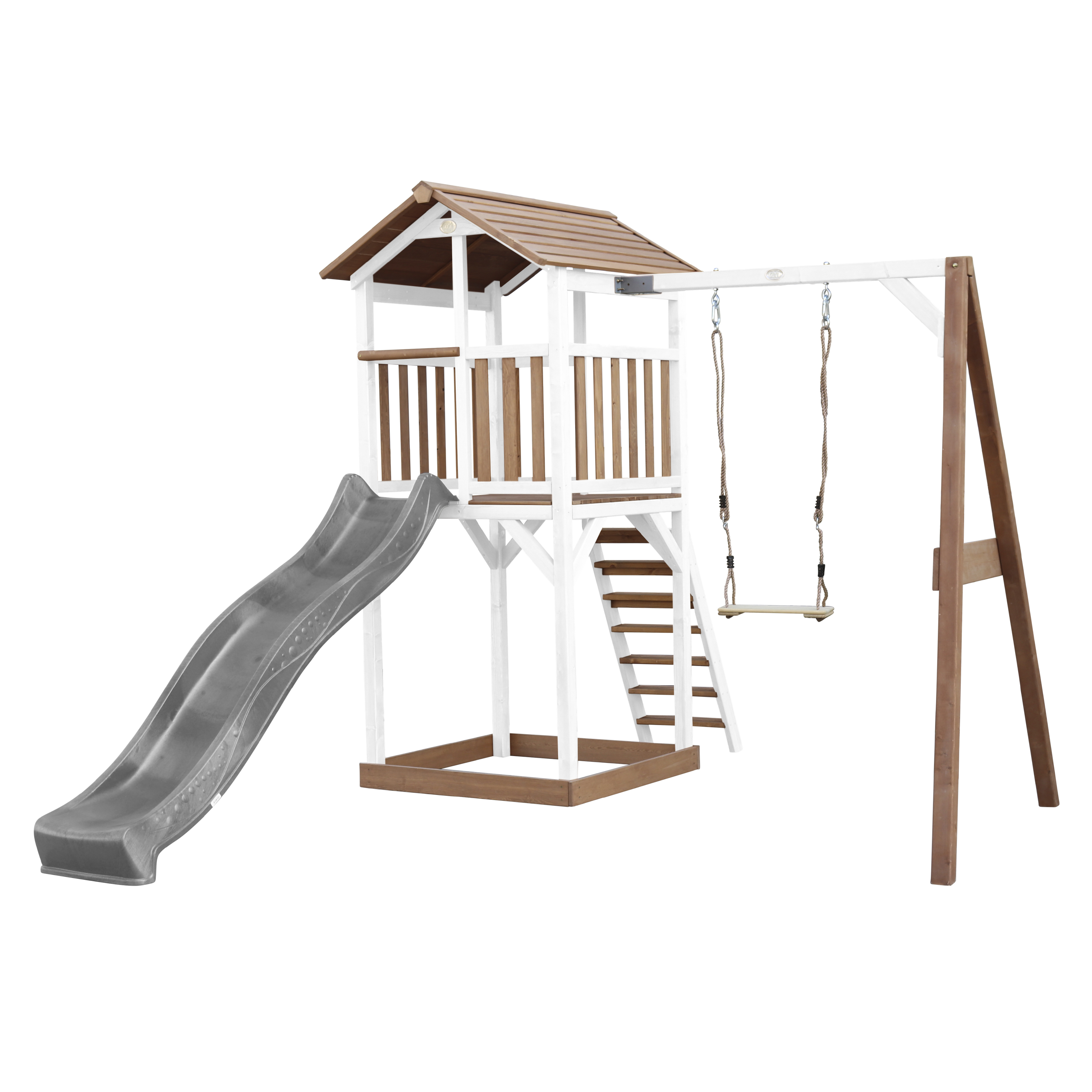 AXI Beach Tower with Single Swing Set Brown/White - Grey Slide-8717973939290 AXI Beach Tower with Single Swing Set Brown/White - Grey Slide