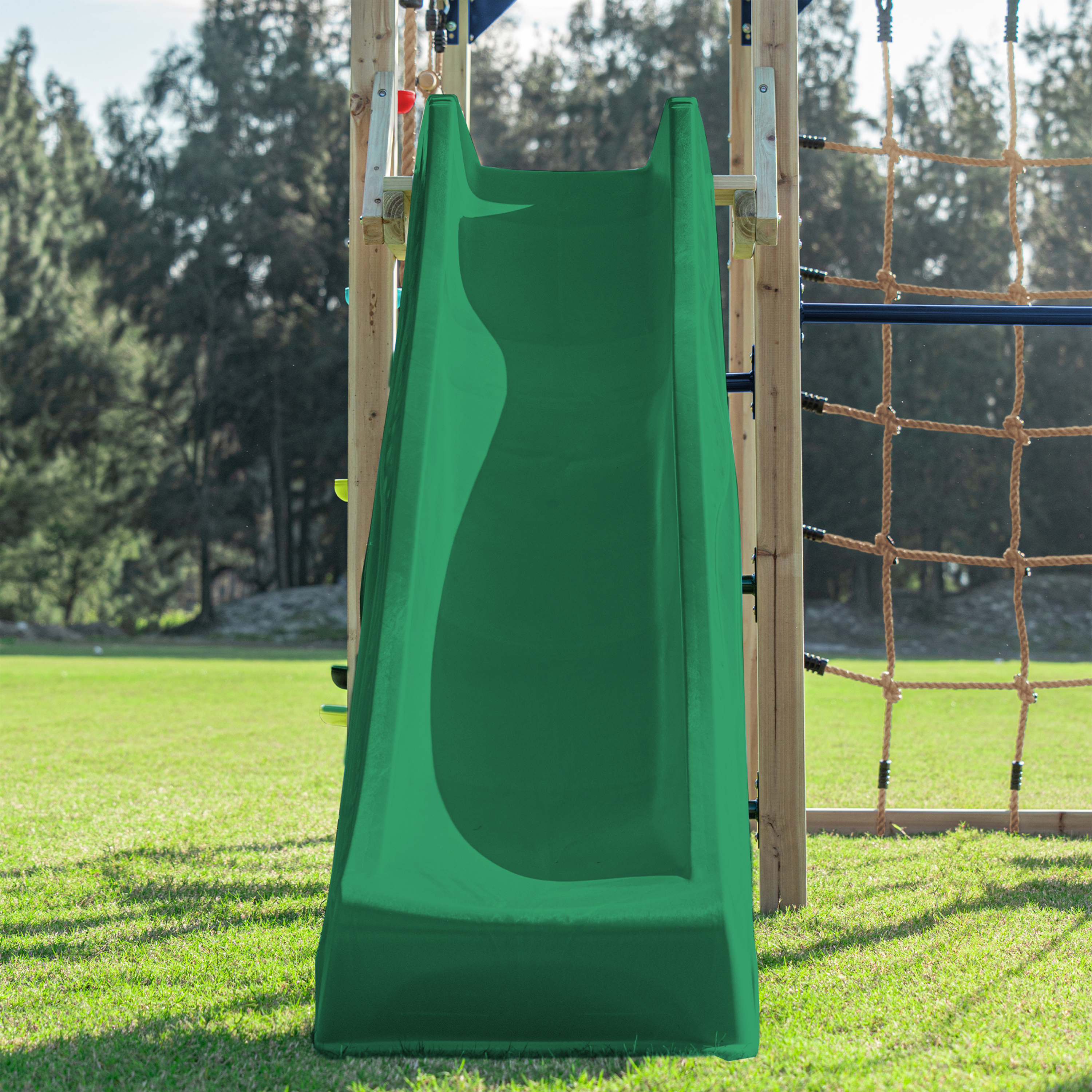 AXI Boris Wooden Playcentre with Swings. Trapeze. Climbing Nets and Monkey Bars – Green Slide