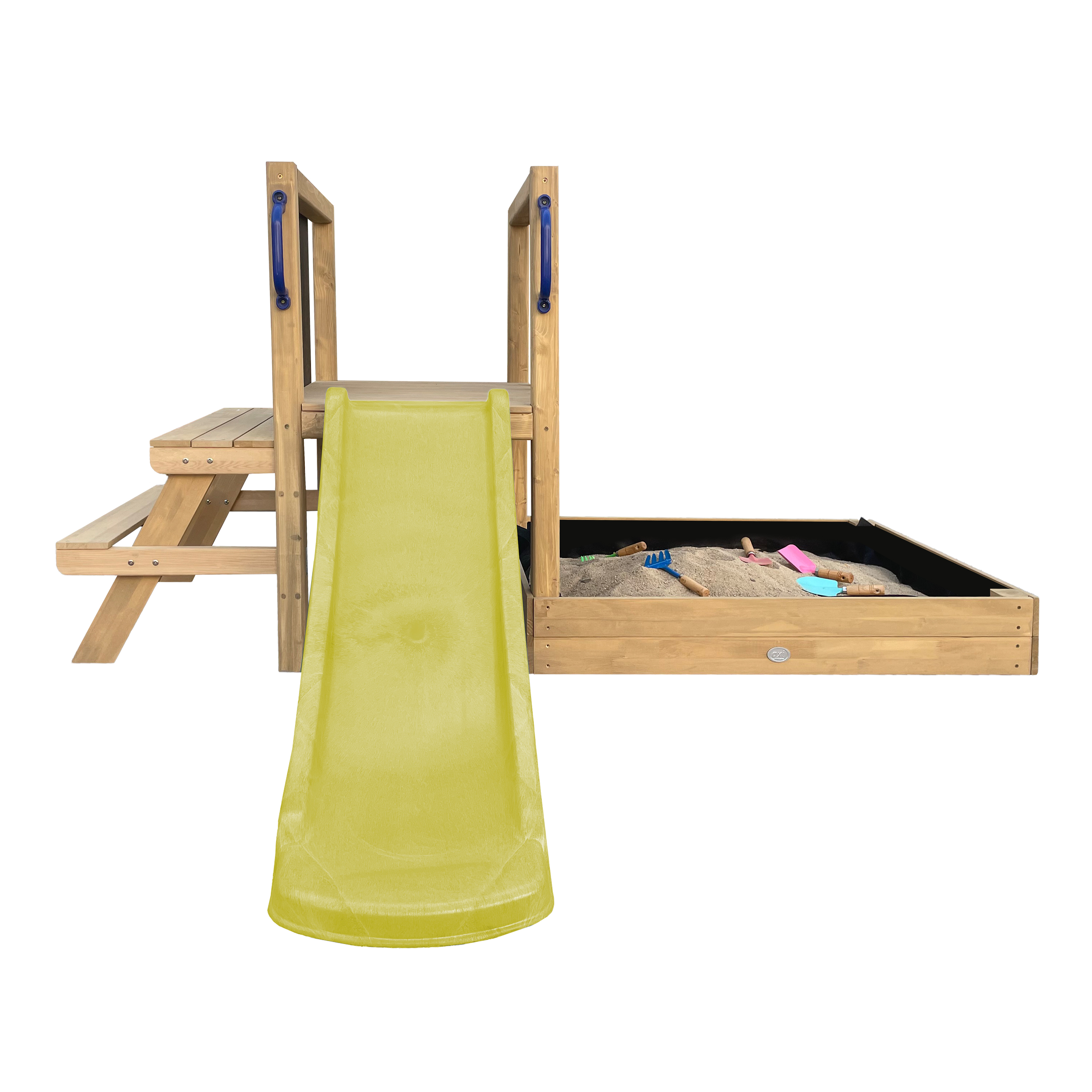 AXI Leah Mini Wooden Playtower with Sandbox. Picnic Table & Chalkboard – Lime Green Slide