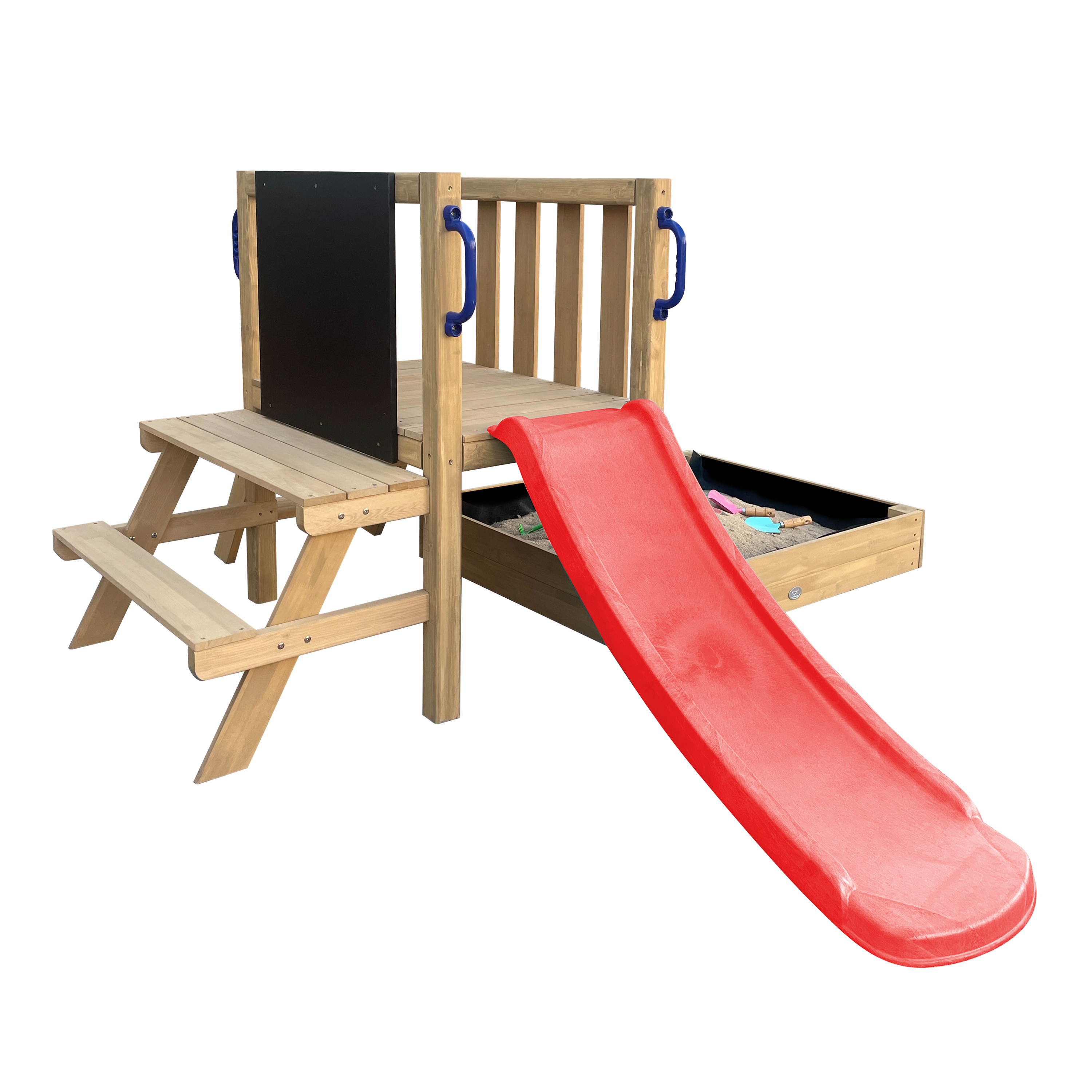 AXI Leah Mini Wooden Playtower with Sandbox. Picnic Table & Chalkboard – Red Slide