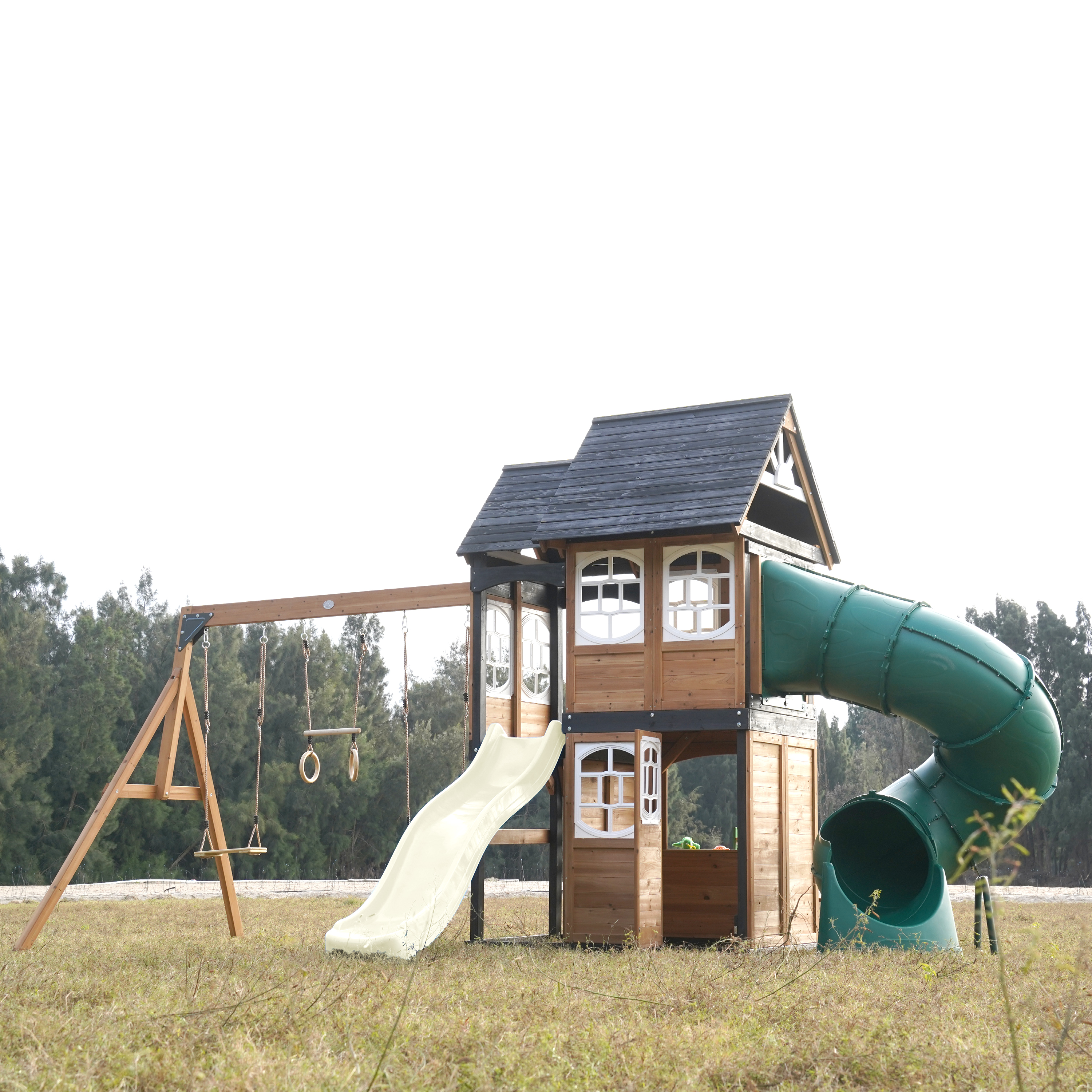 AXI Noud Climbing Frame with Playhouse, Swings, Trapeze and Climbing Wall – Cream Slide and Tube Slide