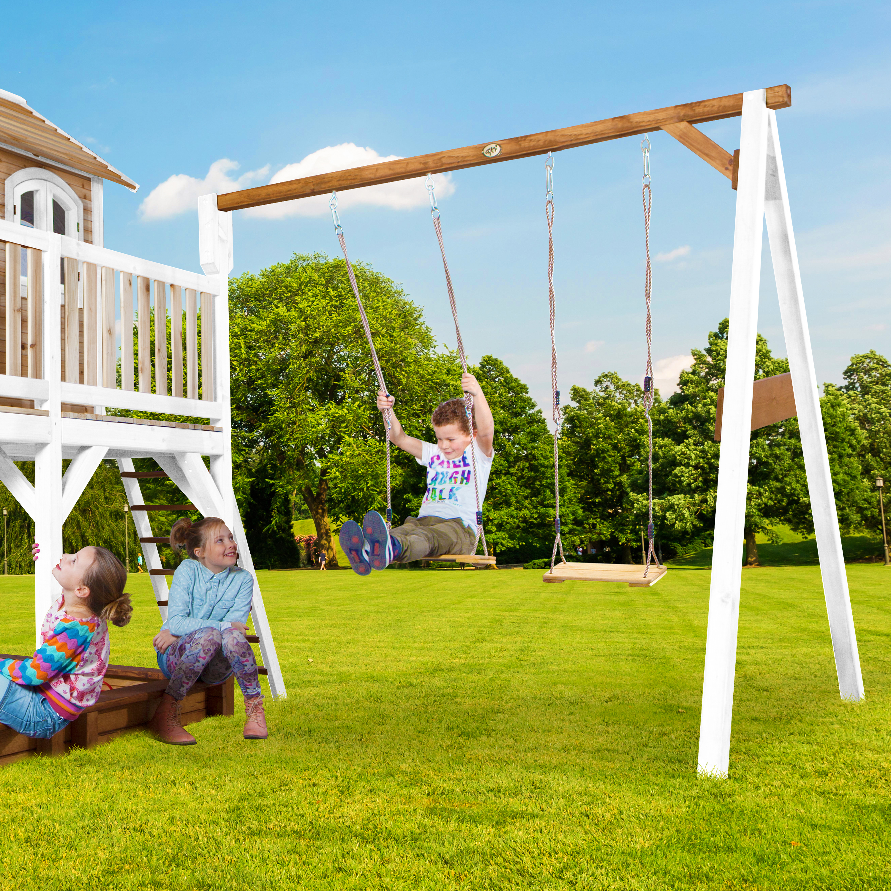 AXI Liam Playhouse with Double Swing Set Brown/White - Lime Green Slide-8717973933502 AXI Liam Playhouse with Double Swing Set Brown/White - Lime Green Slide